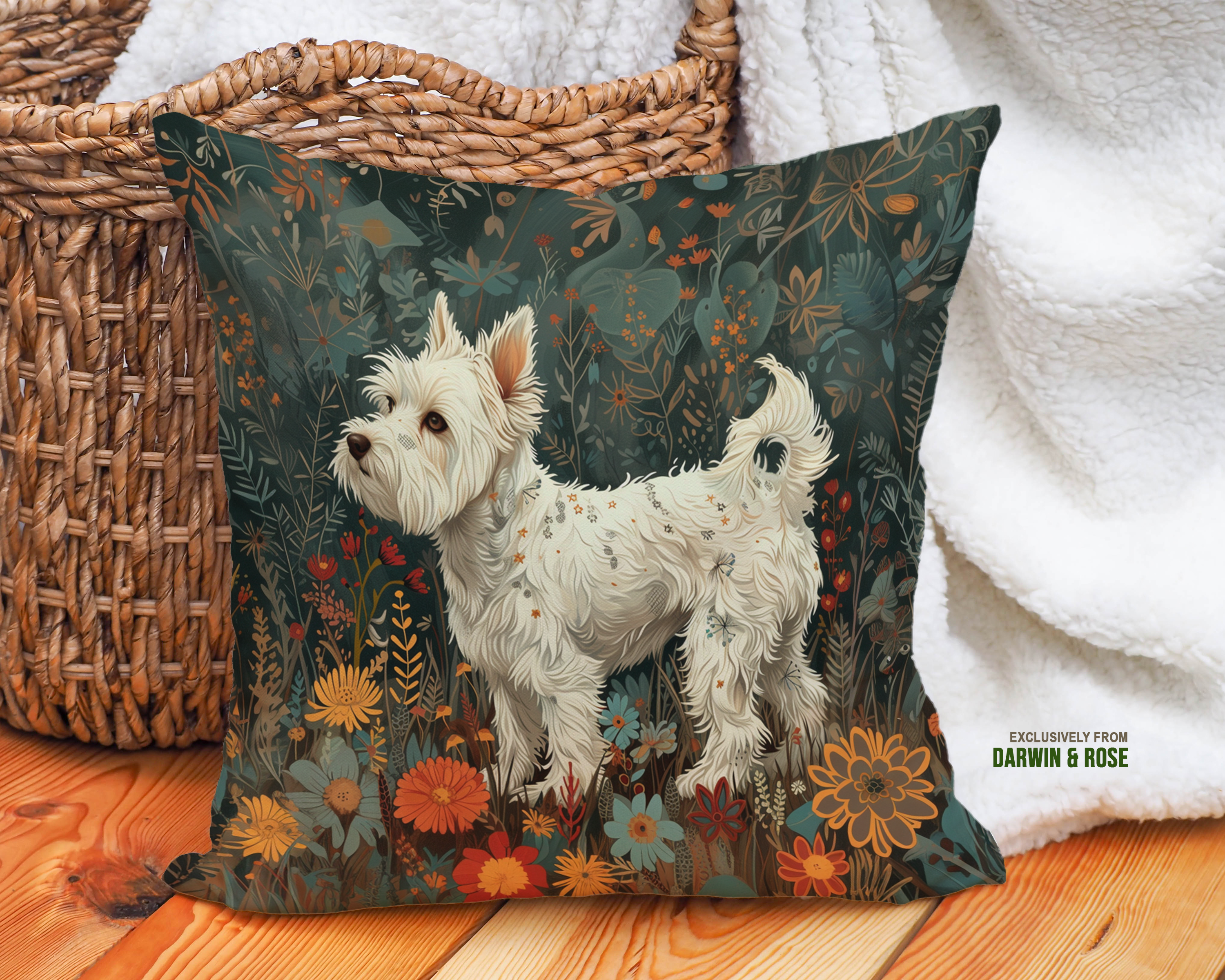 Westie Blooms: Modern Floral West Highland White Terrier Throw Pillow