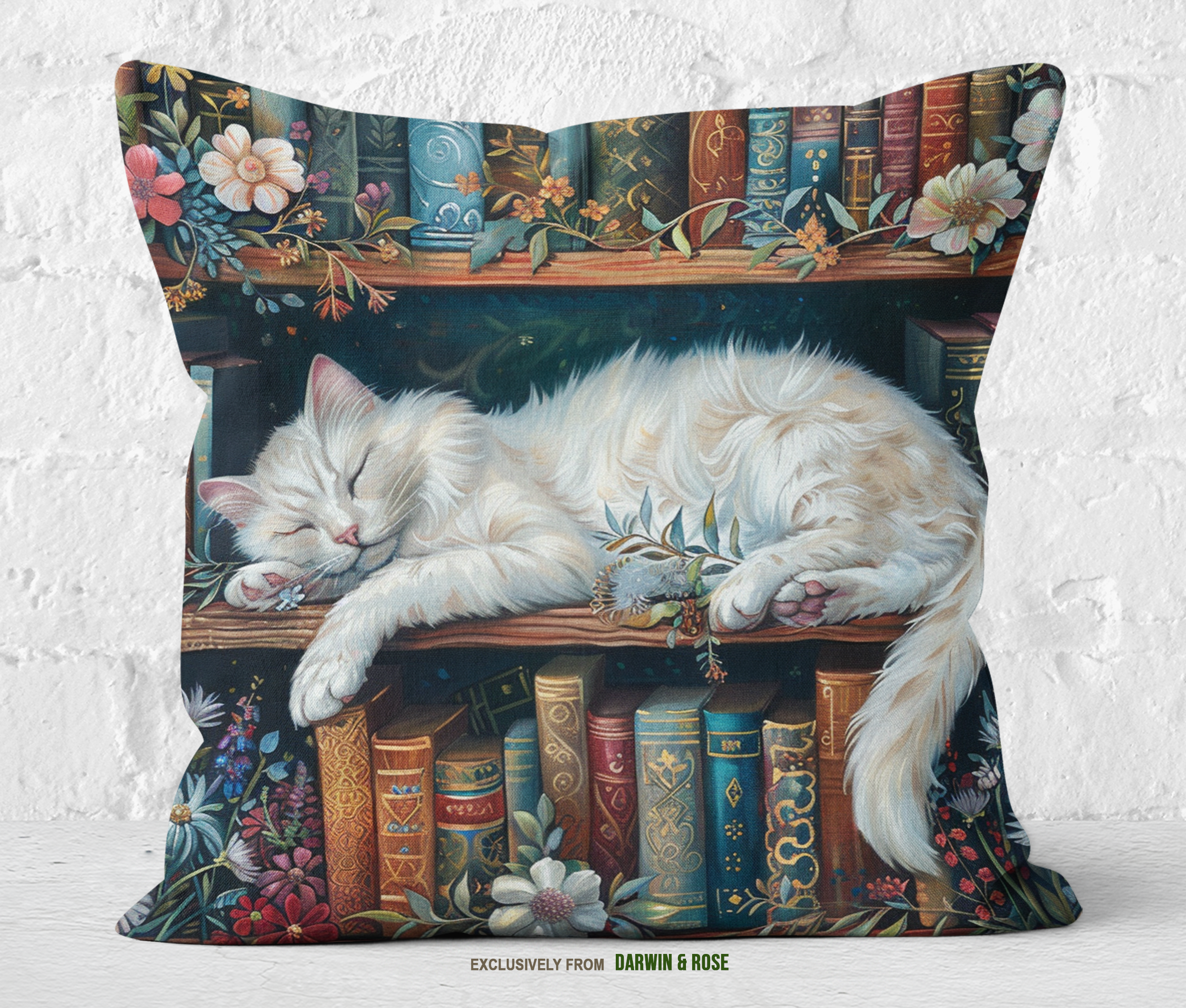 Floral Library Cat Throw Pillow – Cozy Cottagecore Décor