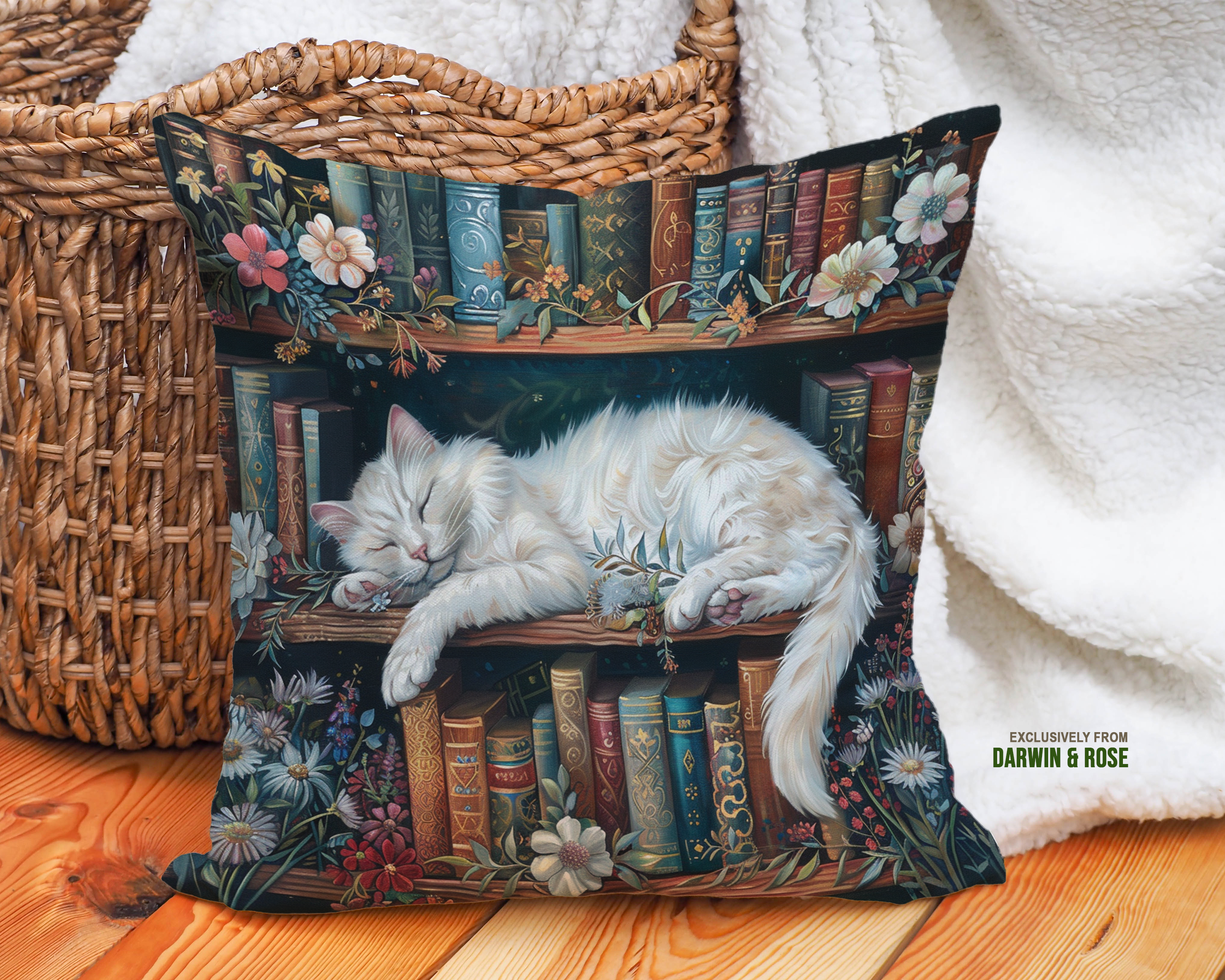 Floral Library Cat Throw Pillow – Cozy Cottagecore Décor