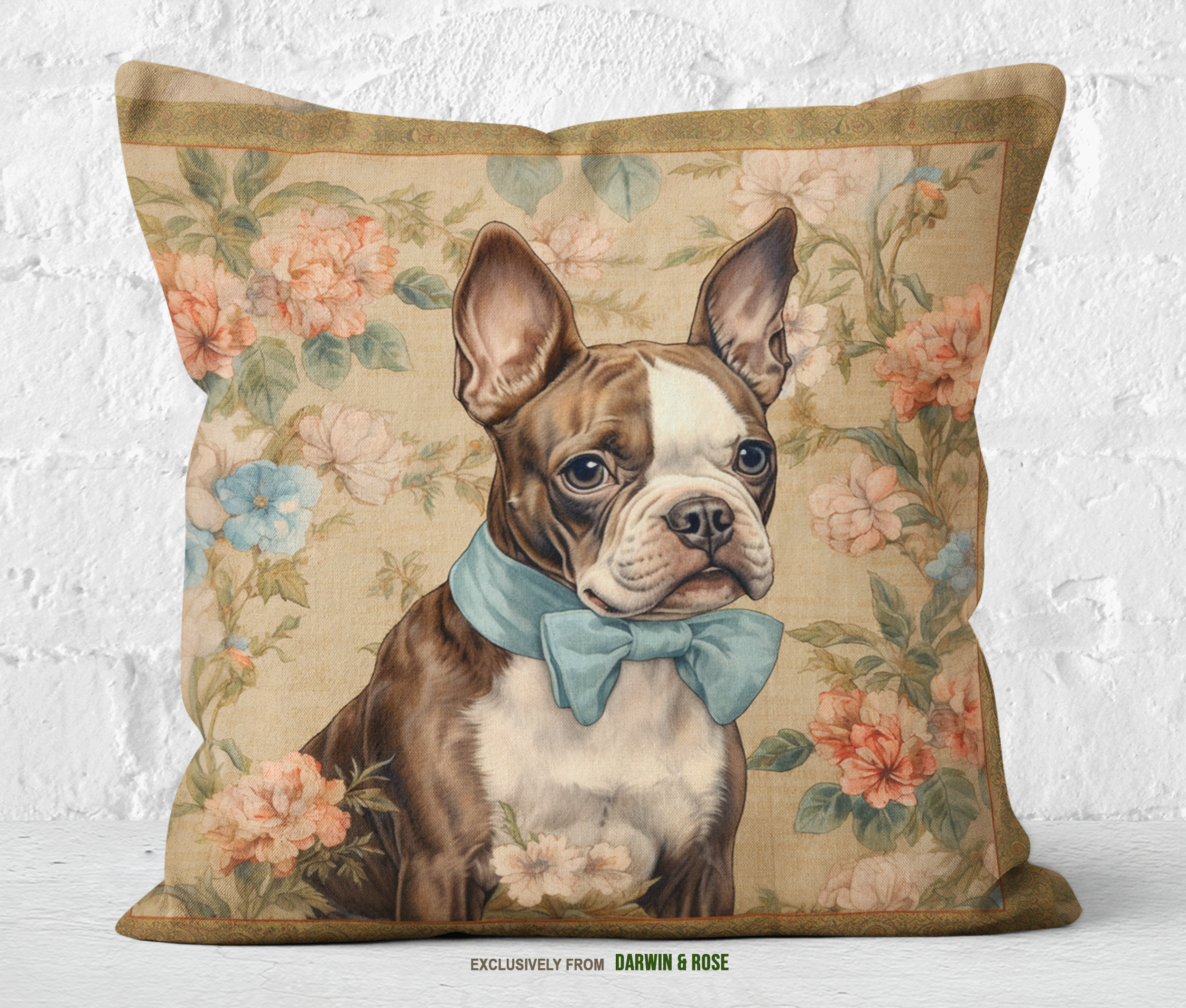 Boston Terrier Vintage Floral Throw Pillow - Charming Farmhouse Style
