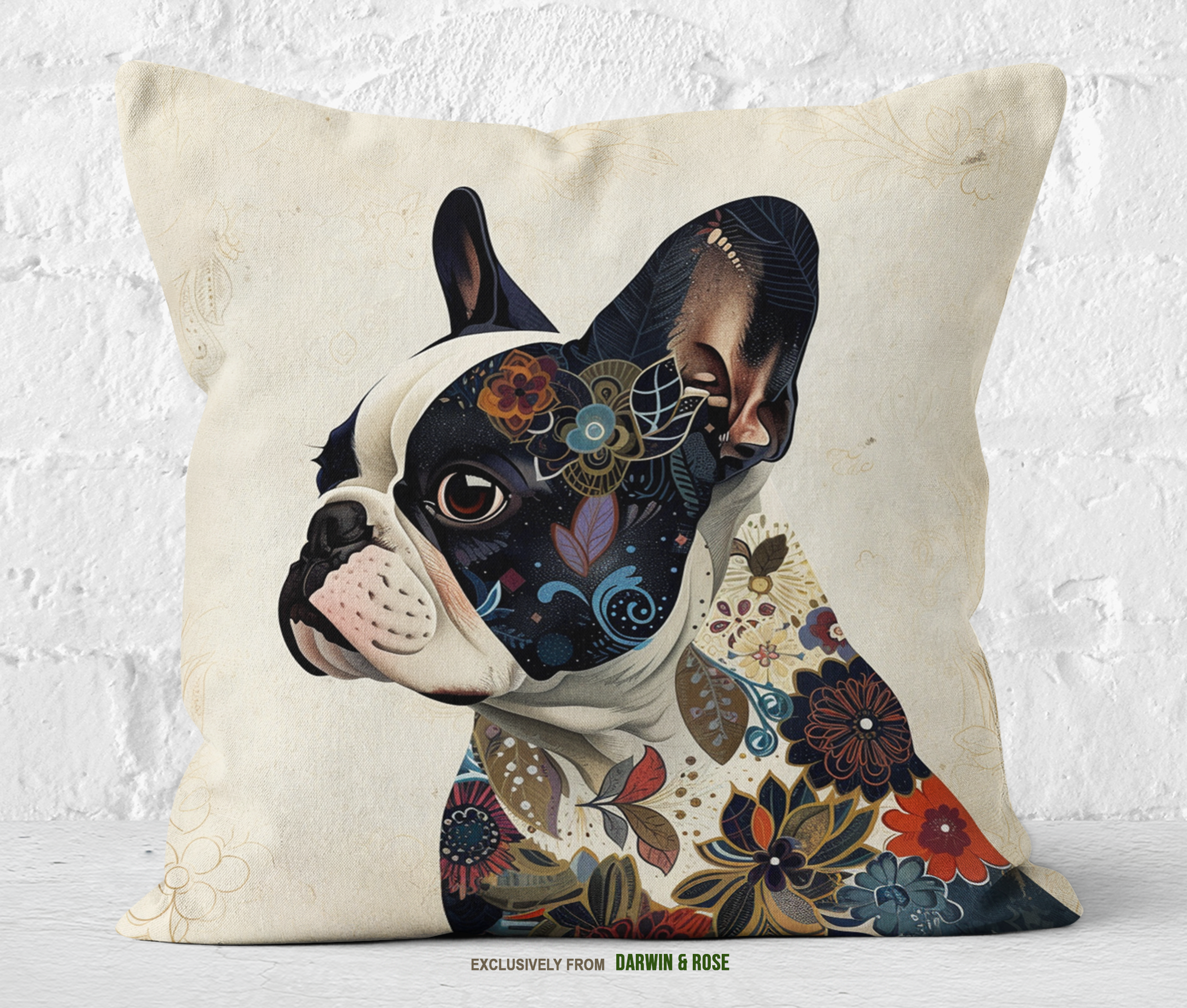 Floral French Bulldog Art Throw Pillow - Modern Boho Style