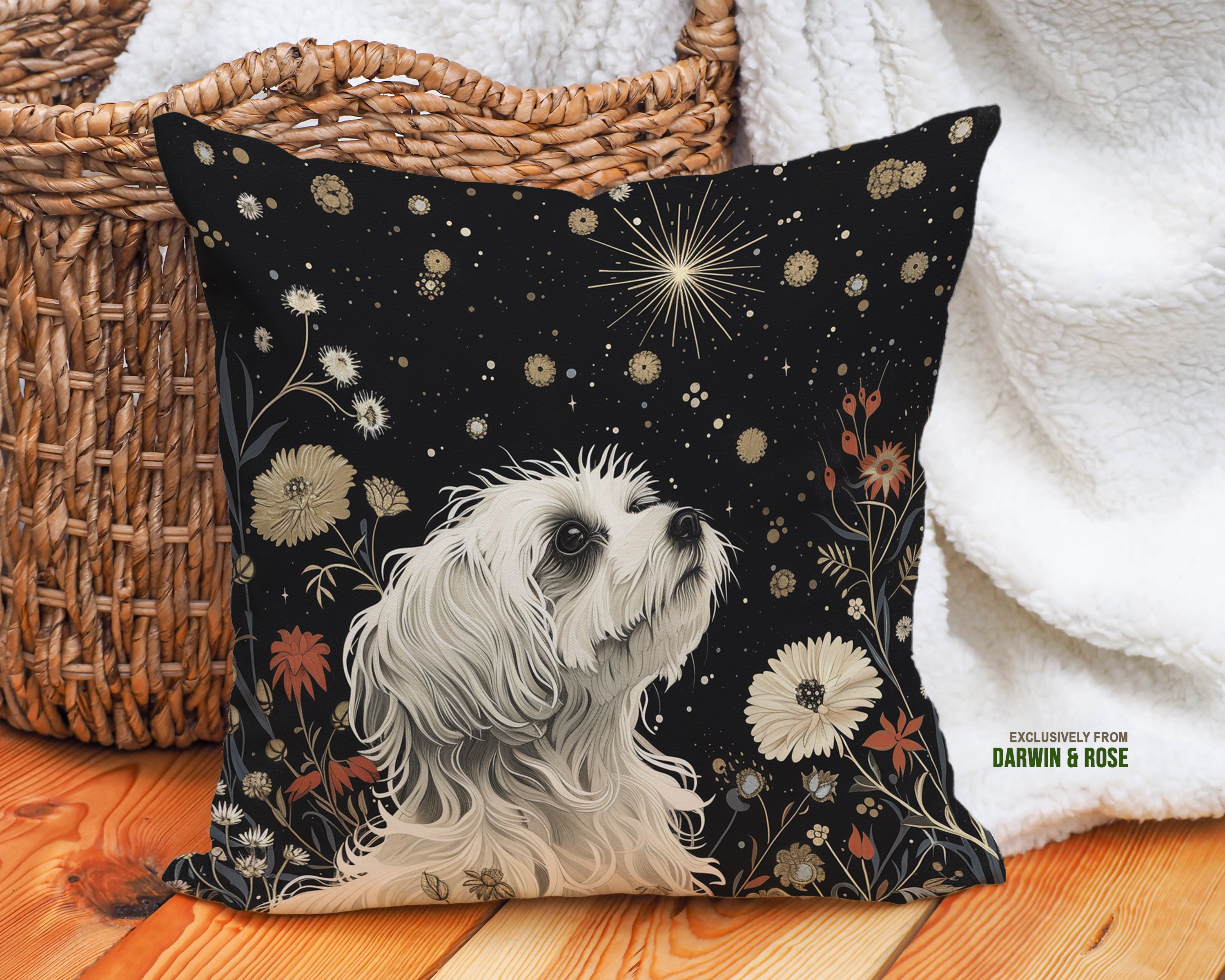 Starry Night Maltese Modern Boho Throw Pillow
