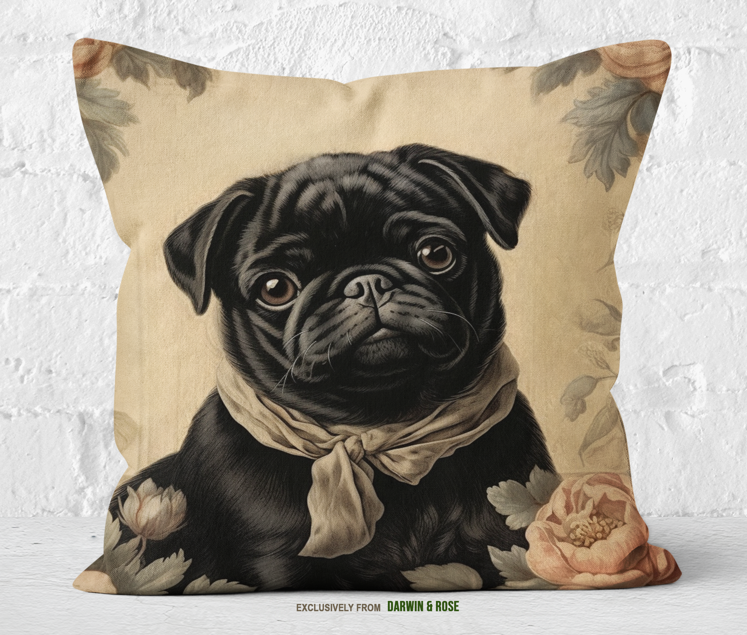 Vintage Charm Black Pug Throw Pillow – Floral Cottagecore Décor
