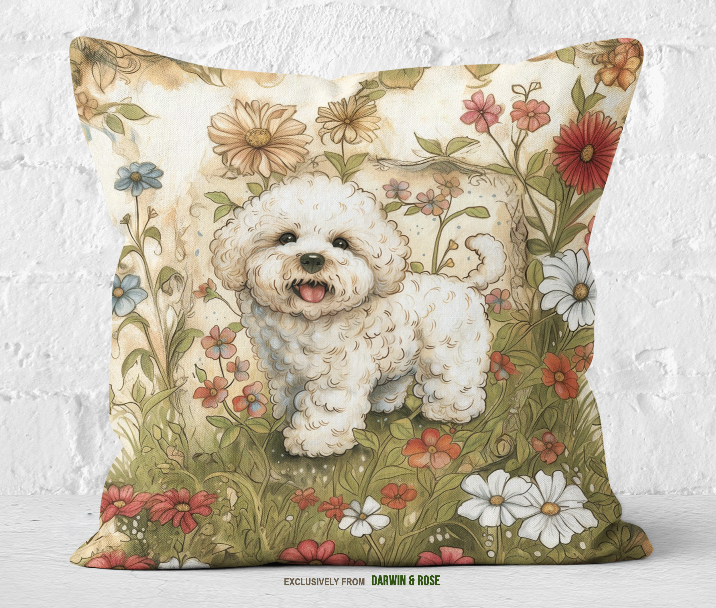 Floral Vintage Charm Throw Pillow – Bichon Frise Dog Art for Cottagecore Style