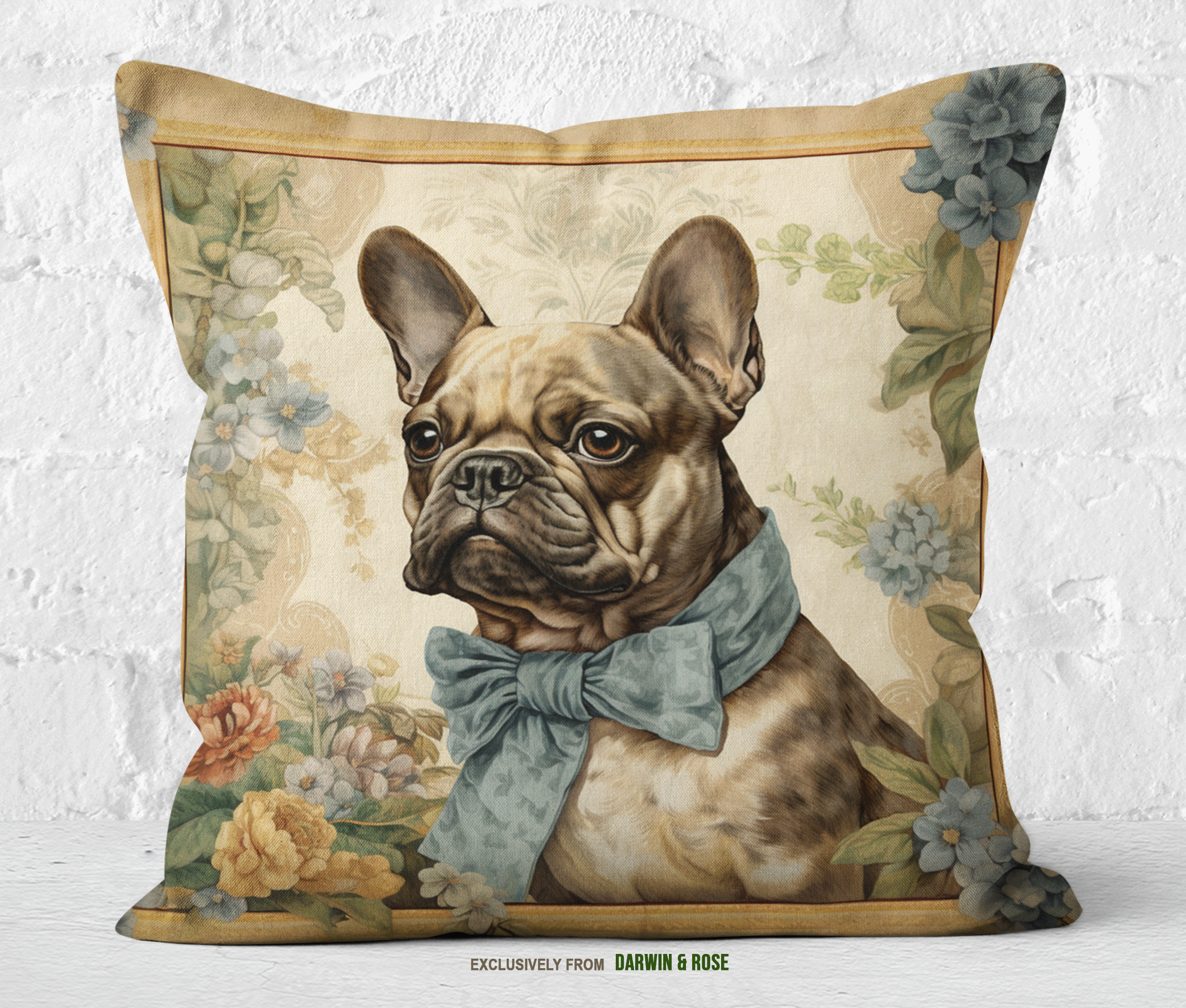 French Bulldog Vintage Elegance Throw Pillow - Cottagecore Floral Style