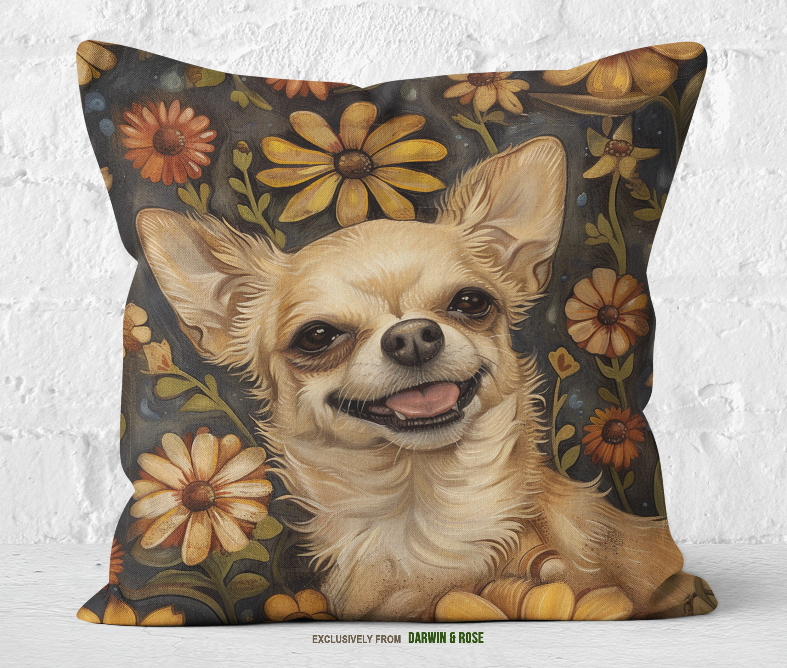 Golden Floral Chihuahua Boho Throw Pillow