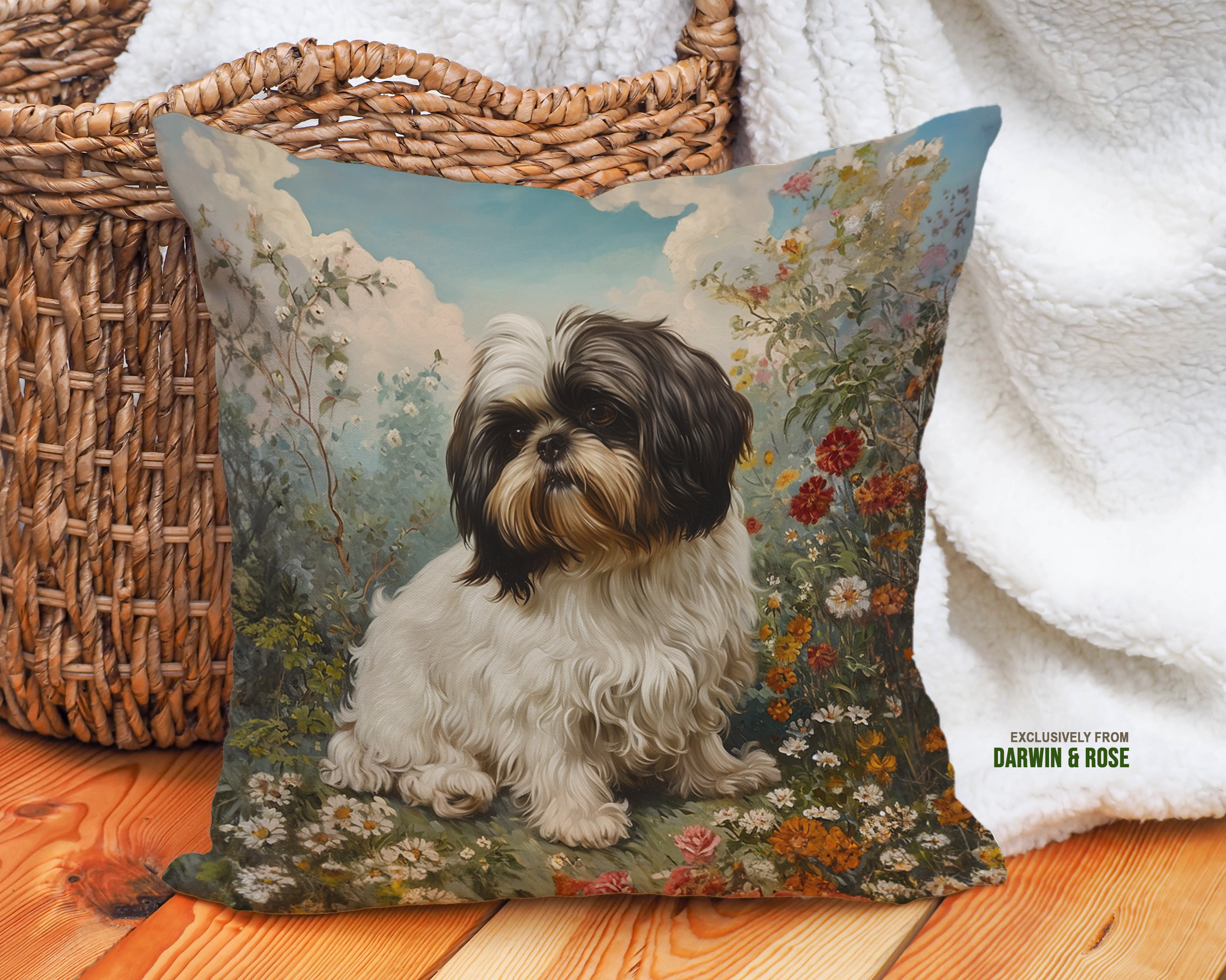 Shih Tzu Floral Garden Boho Throw Pillow – Vintage Dog Lover Décor