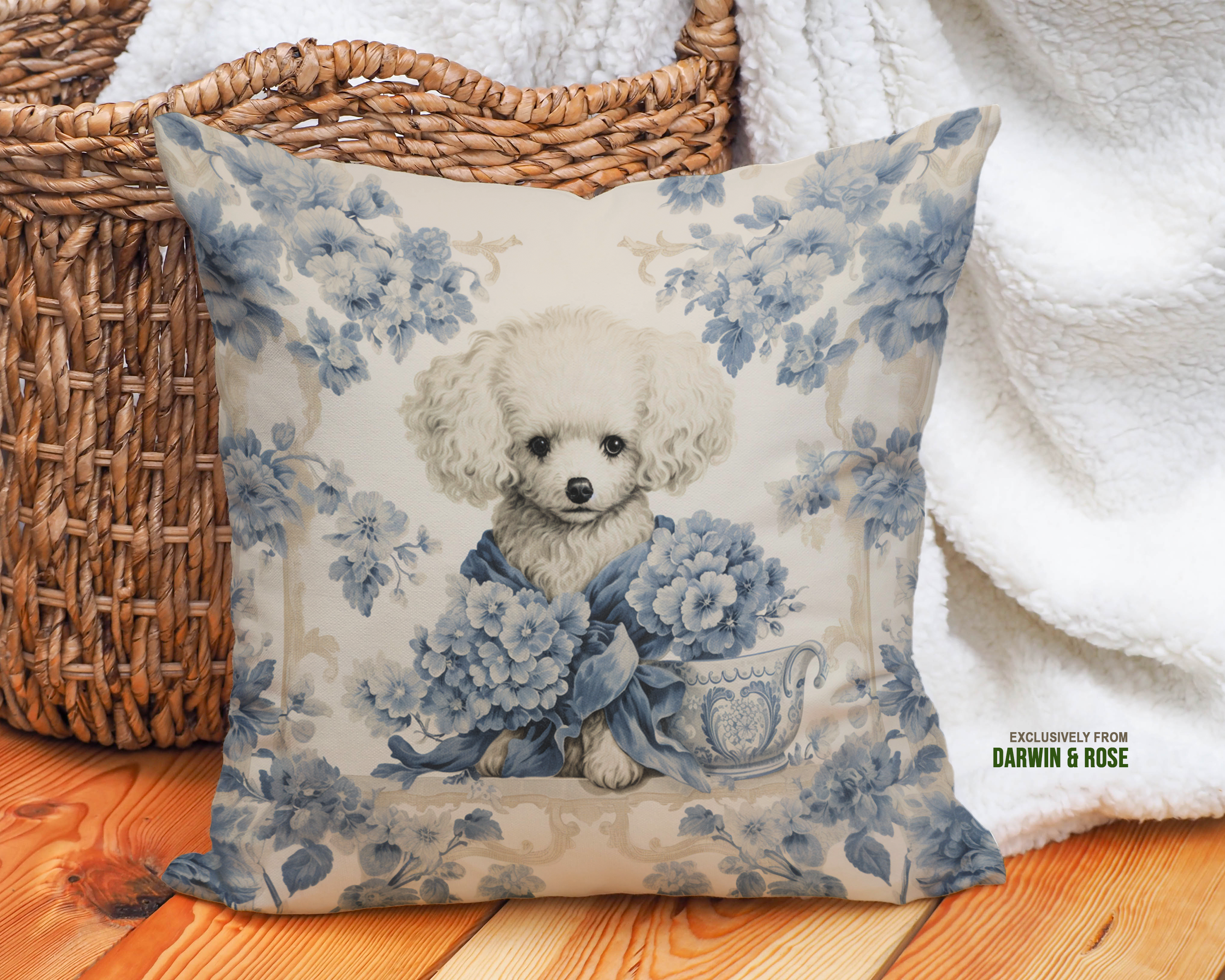 Poodle Elegance in Blue: Modern Chinoiserie Throw Pillow