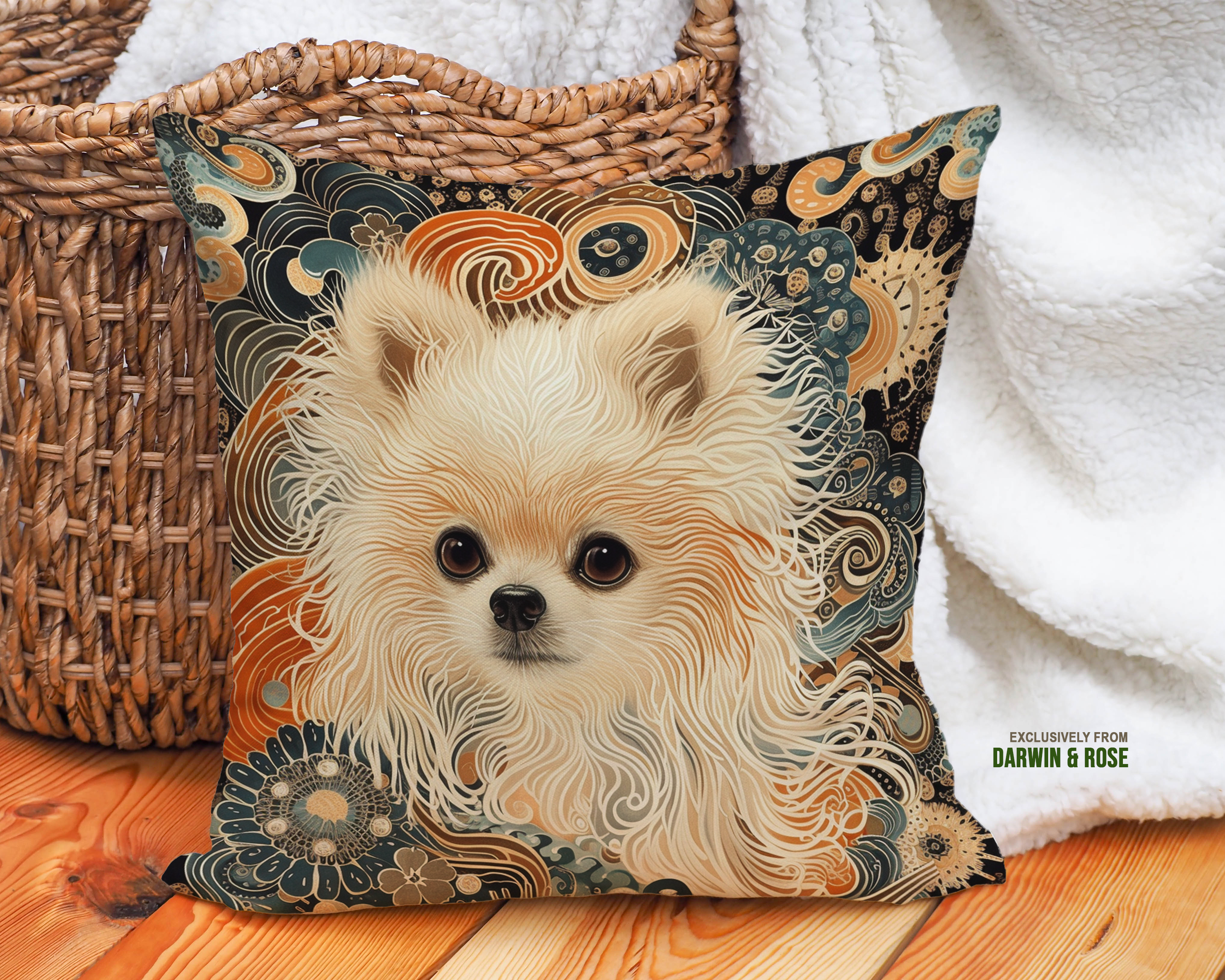 Fluffy Dreams Pomeranian Boho Throw Pillow – Warm Tones for Cozy Spaces
