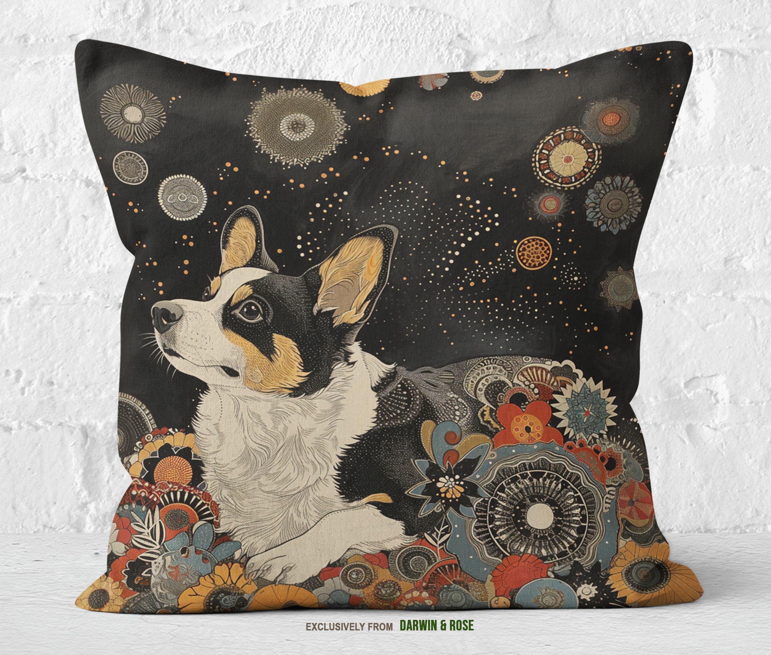 Cardigan Corgi Cosmic Floral Throw Pillow - Modern Boho Home Accent
