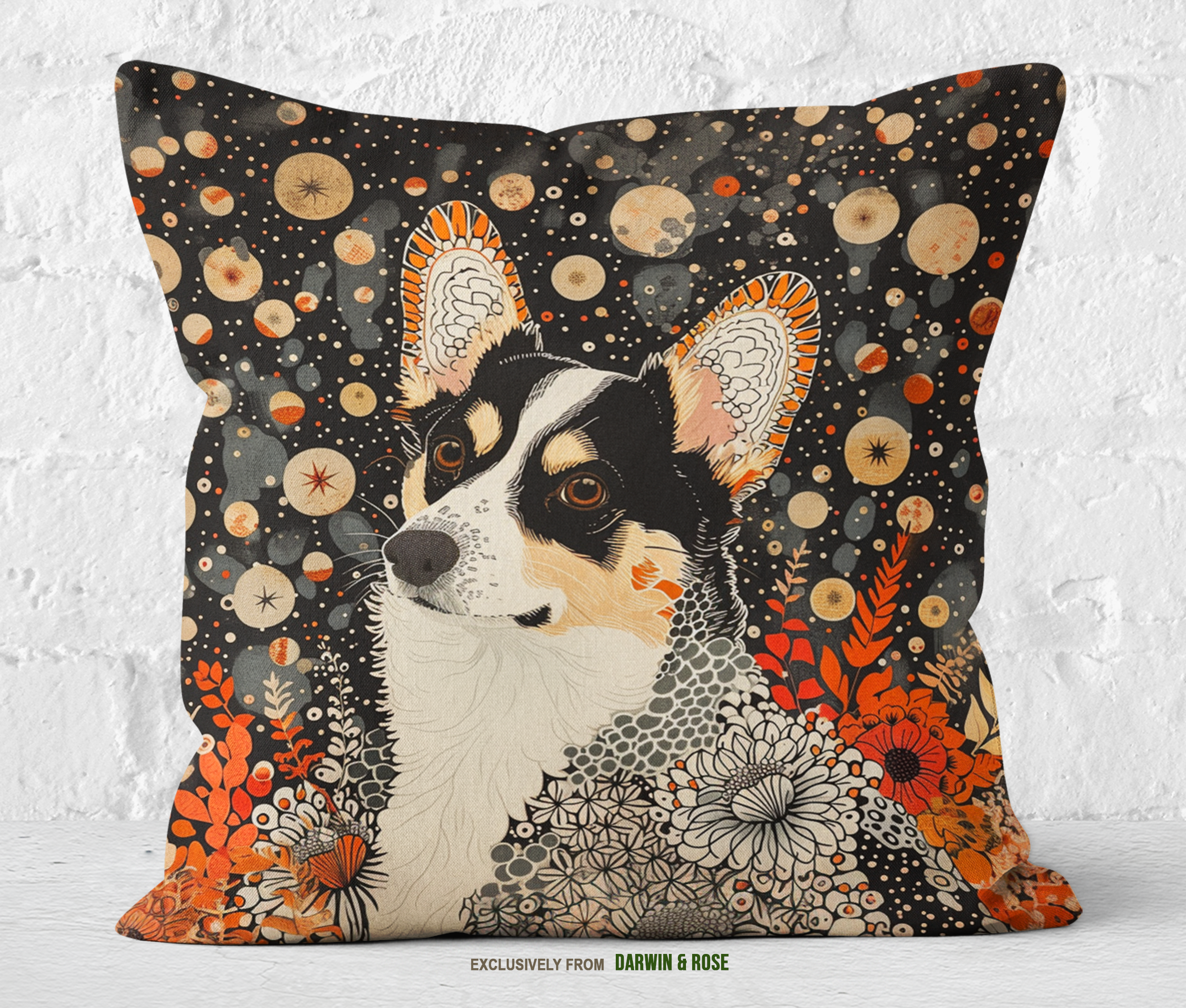 Cardigan Welsh Corgi Moonlit Floral Throw Pillow – Boho Autumn Decor