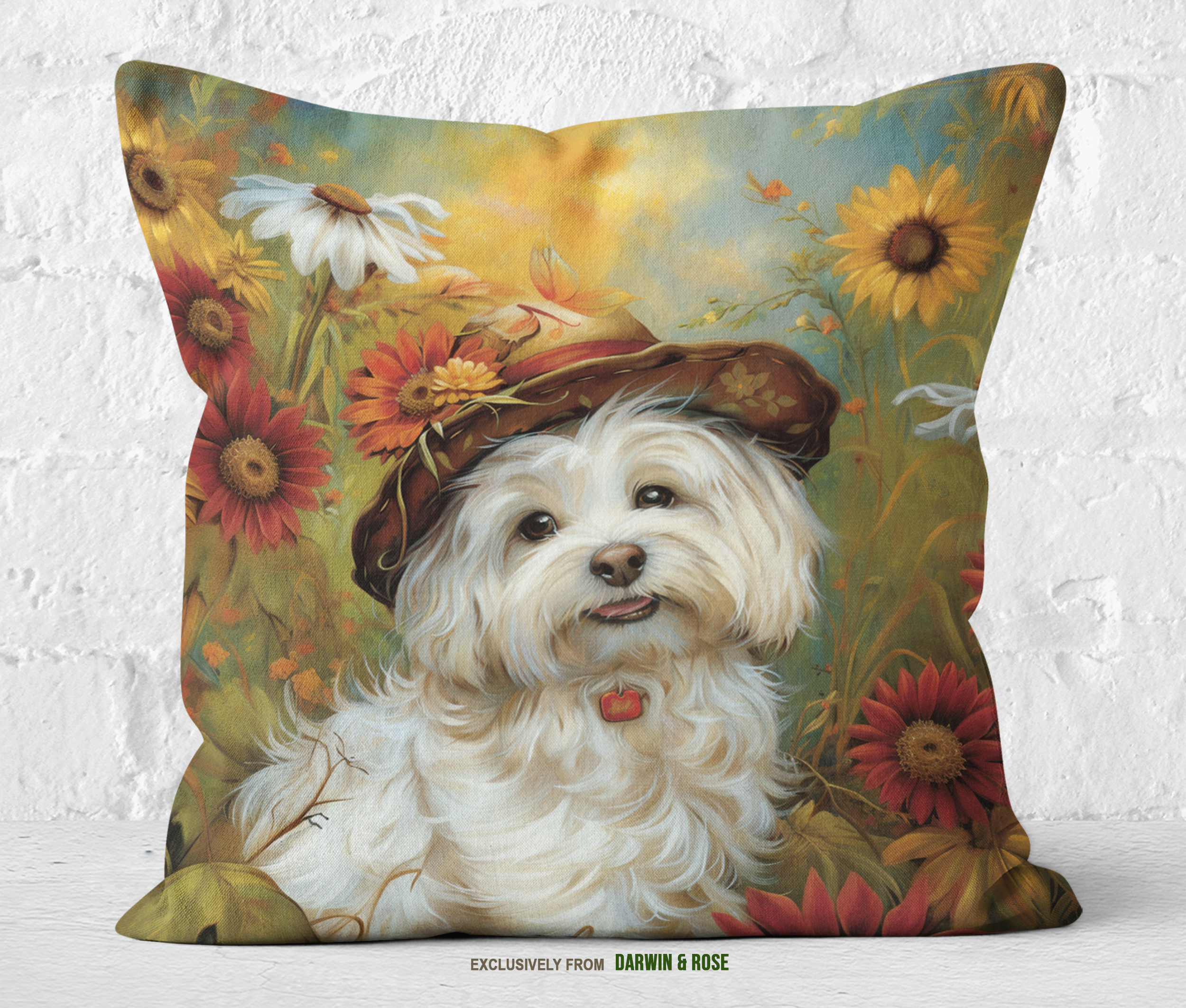 Maltese in a Country Garden – Rustic Throw Pillow