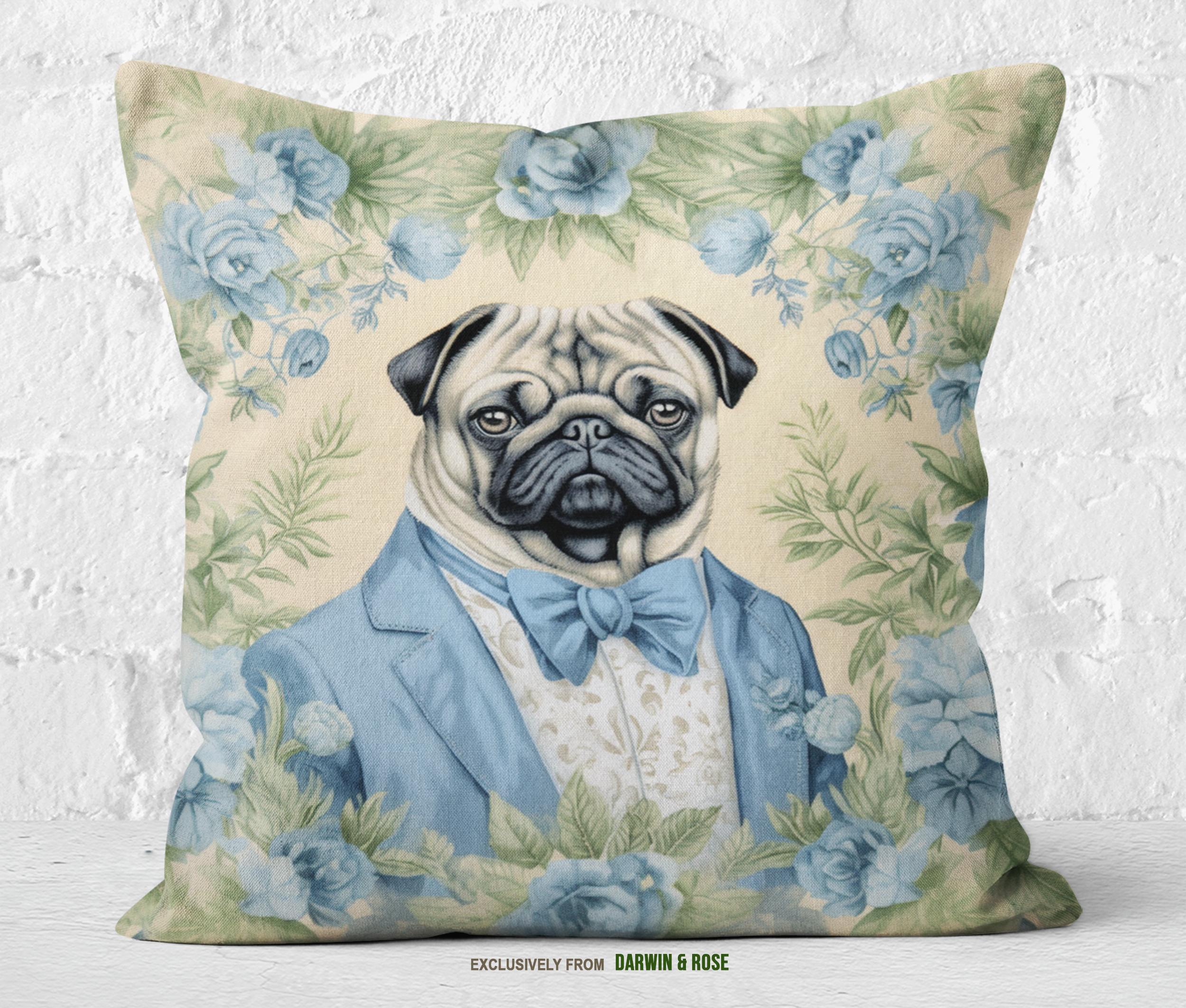 Regal Pug Portrait Throw Pillow – Elegant Vintage Floral Design