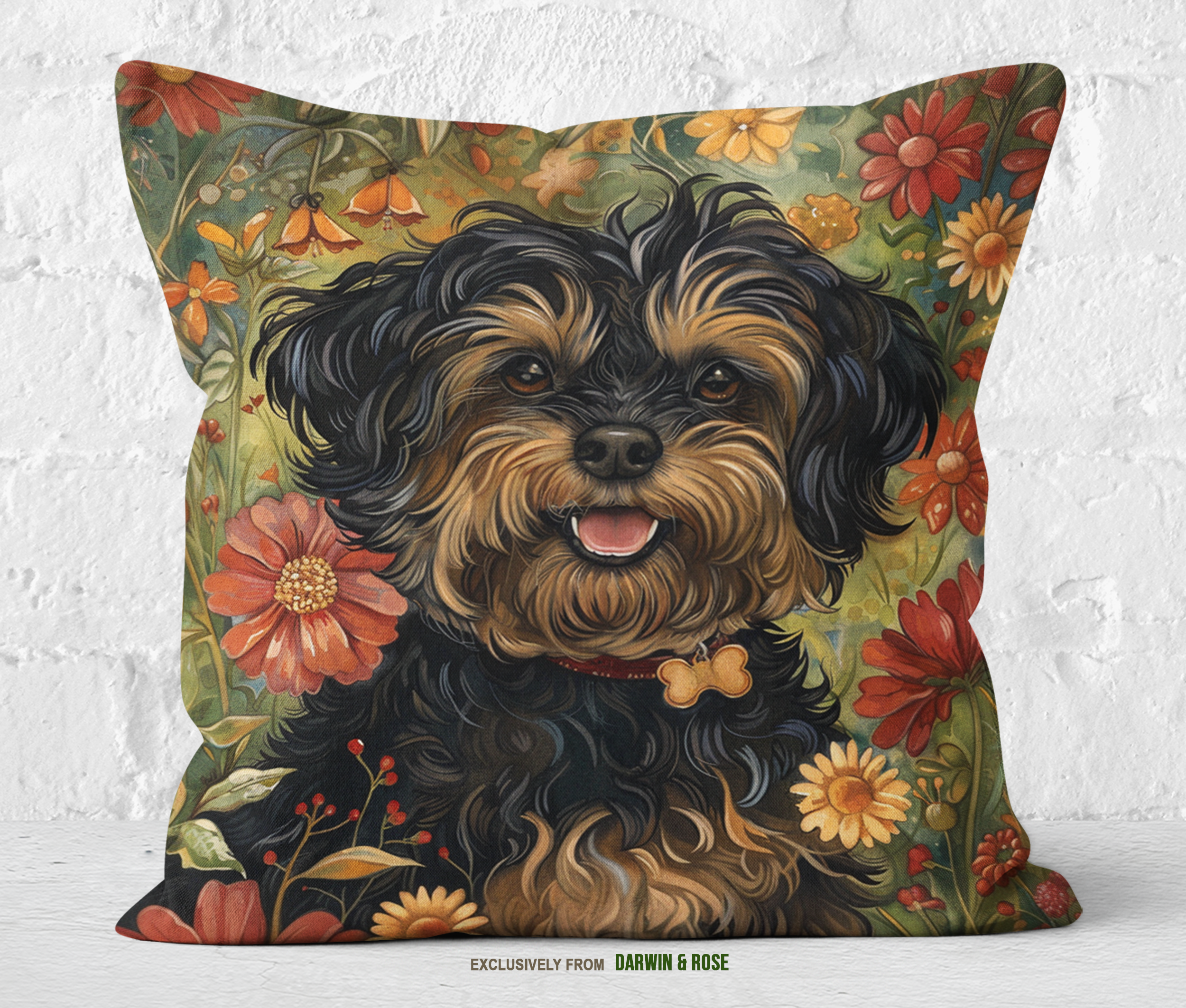Yorkipoo Floral Charm Throw Pillow – Boho Style Home Décor