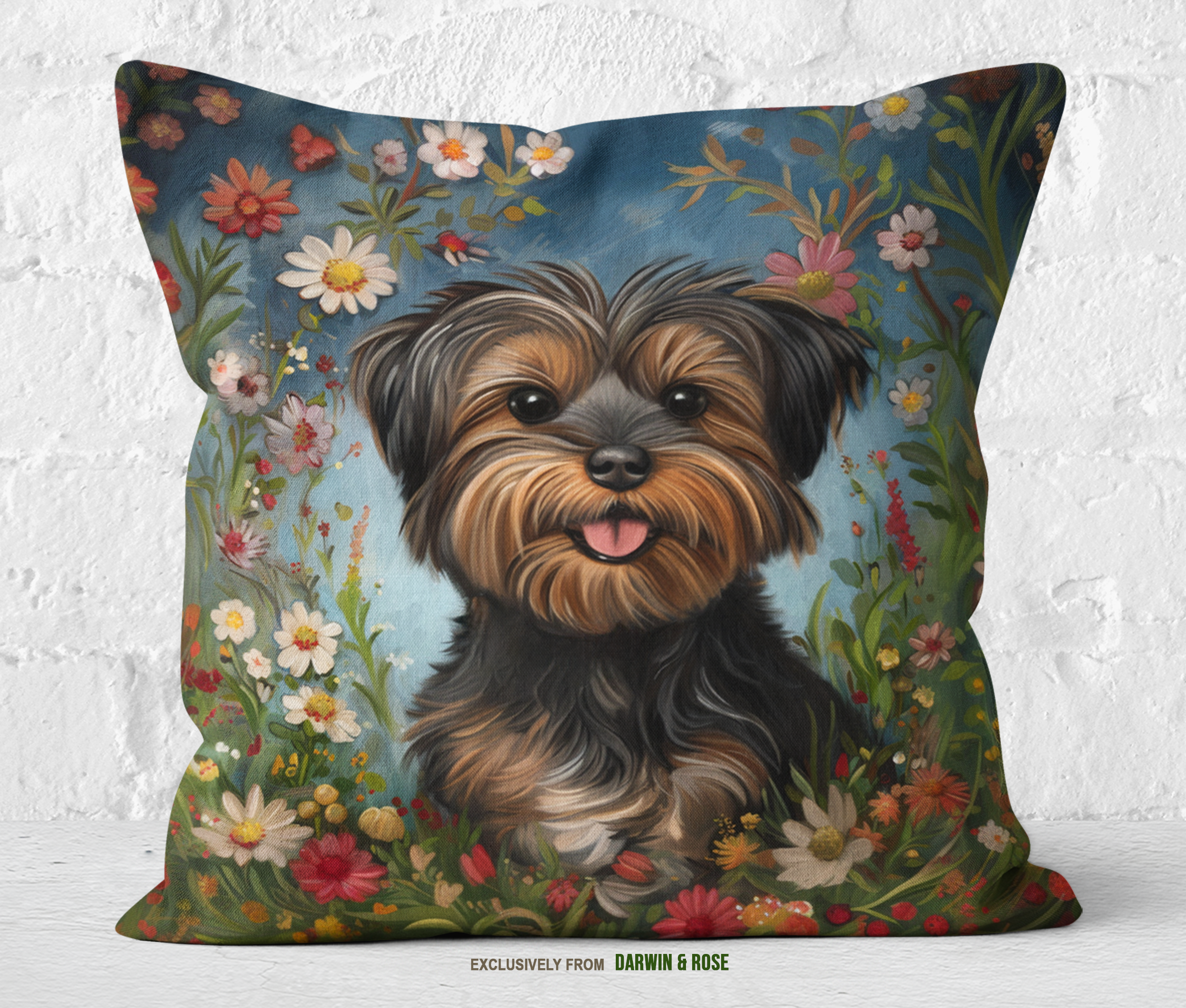 Yorkipoo Floral Meadow Throw Pillow - Modern Farmhouse Decor