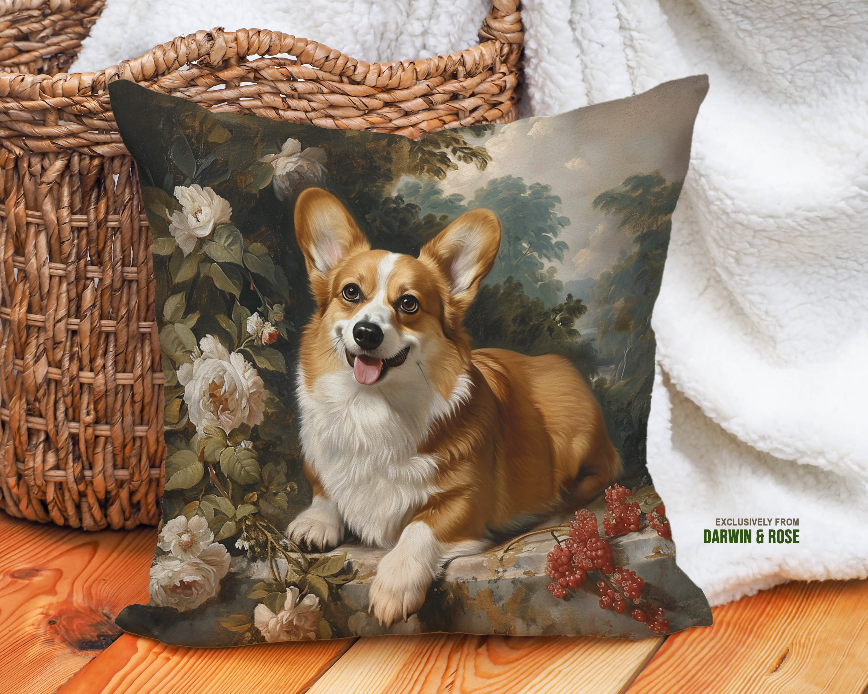 Pembroke Welsh Corgi Floral Elegance Throw Pillow - Vintage Farmhouse Style