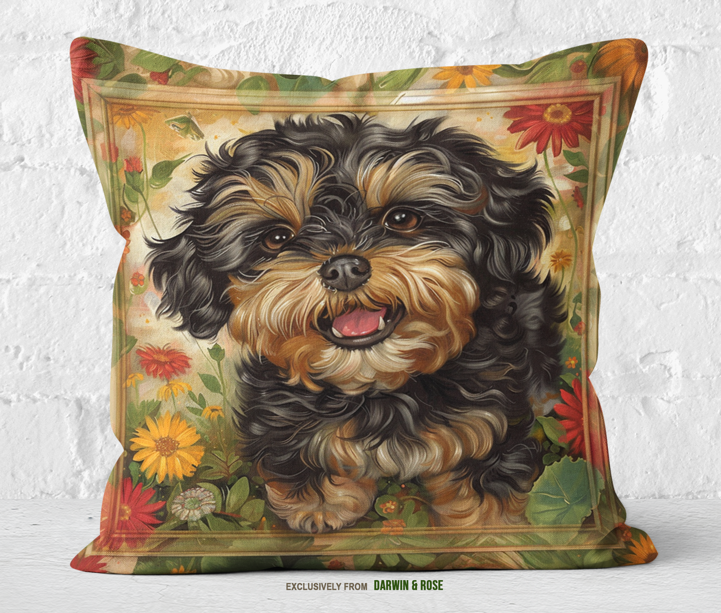 Yorkipoo Floral Delight Throw Pillow - Rustic Farmhouse Charm