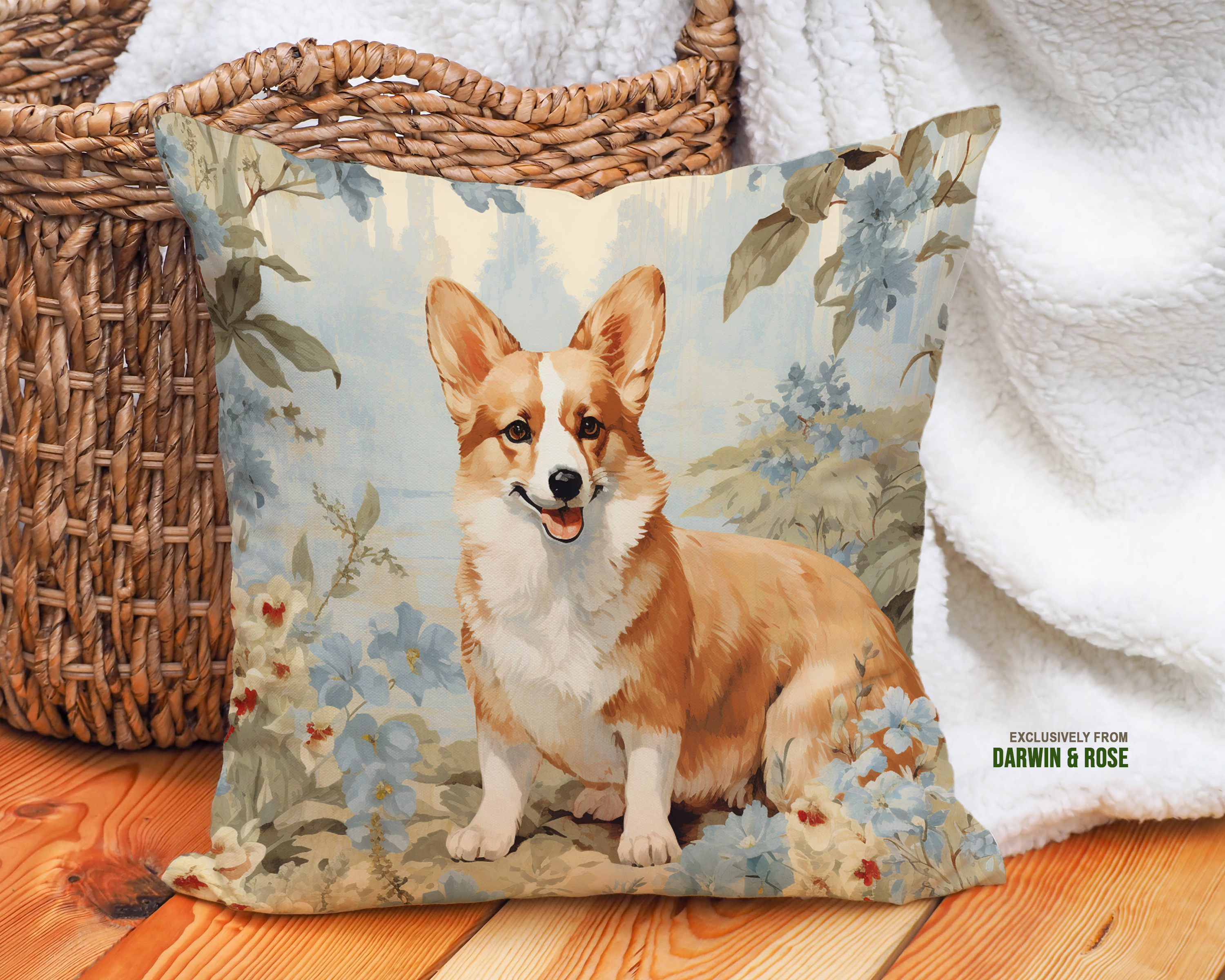 Floral Charm Pembroke Welsh Corgi Throw Pillow – Vintage Cottage Style