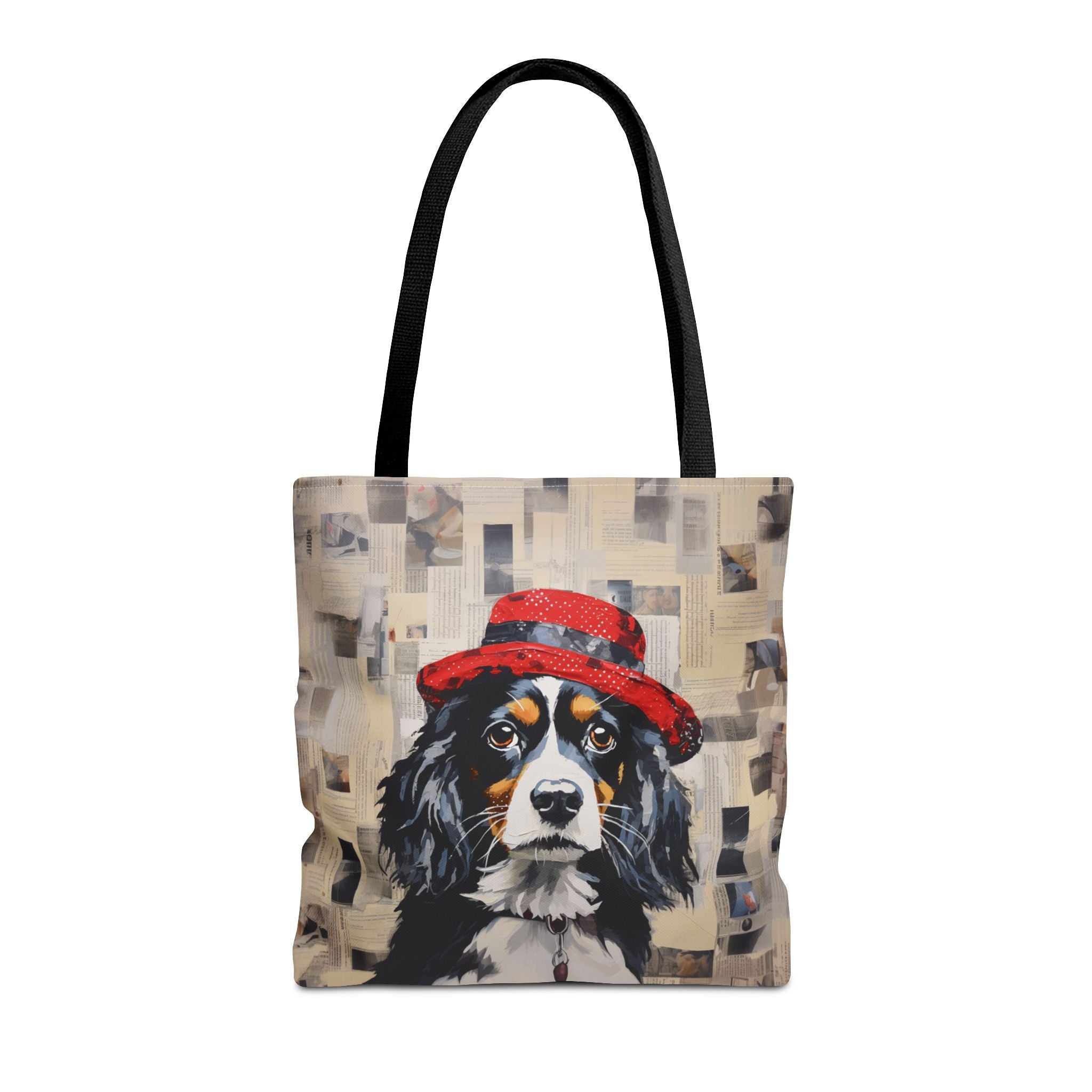 Cavalier King Charles Spaniel Tote Bag, Newsprint Design with Red Hat - Darwin & Rose