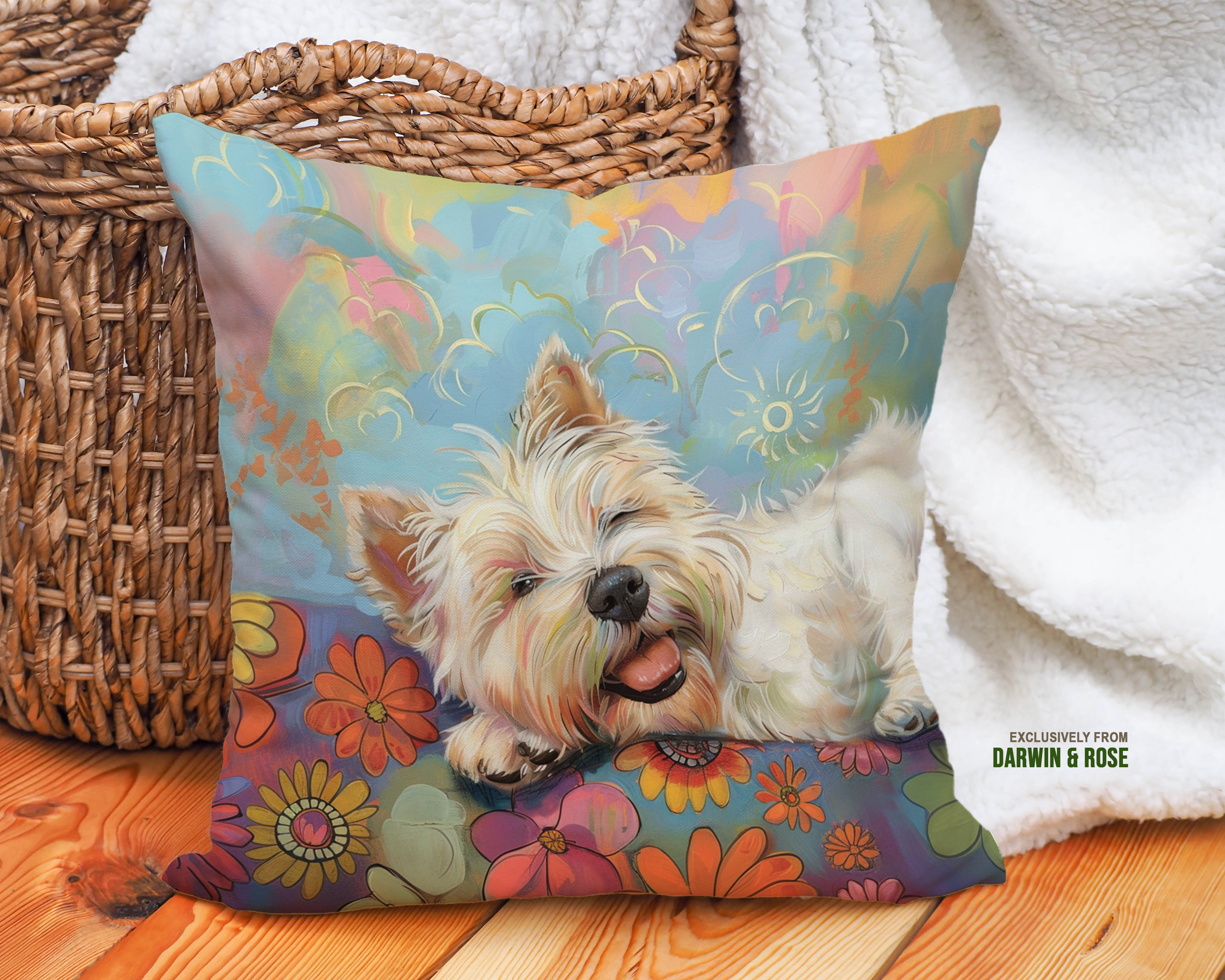 West Highland White Terrier (Westie) Floral Boho Throw Pillow