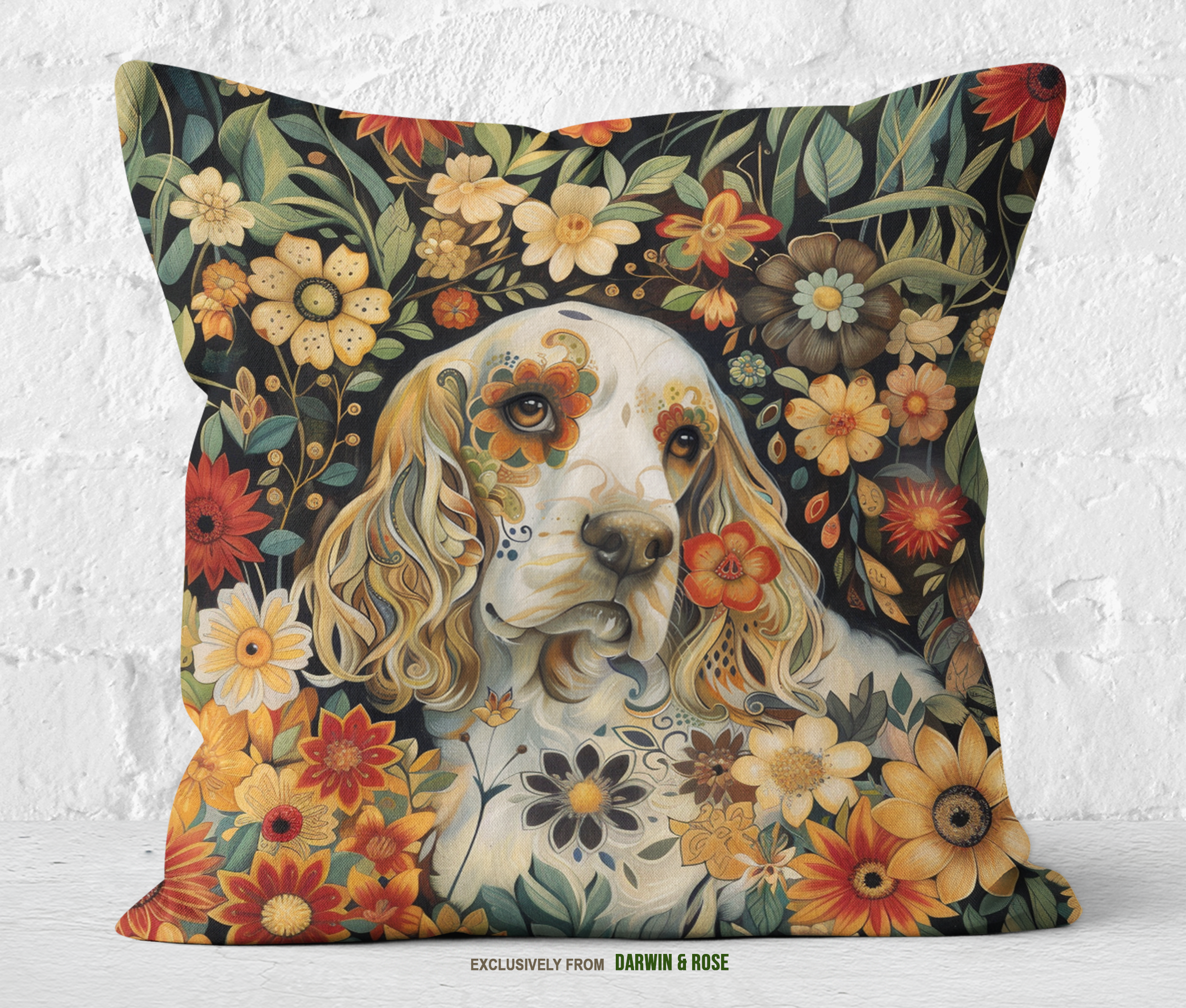 Floral Elegance Cocker Spaniel Throw Pillow – Boho Autumn Design