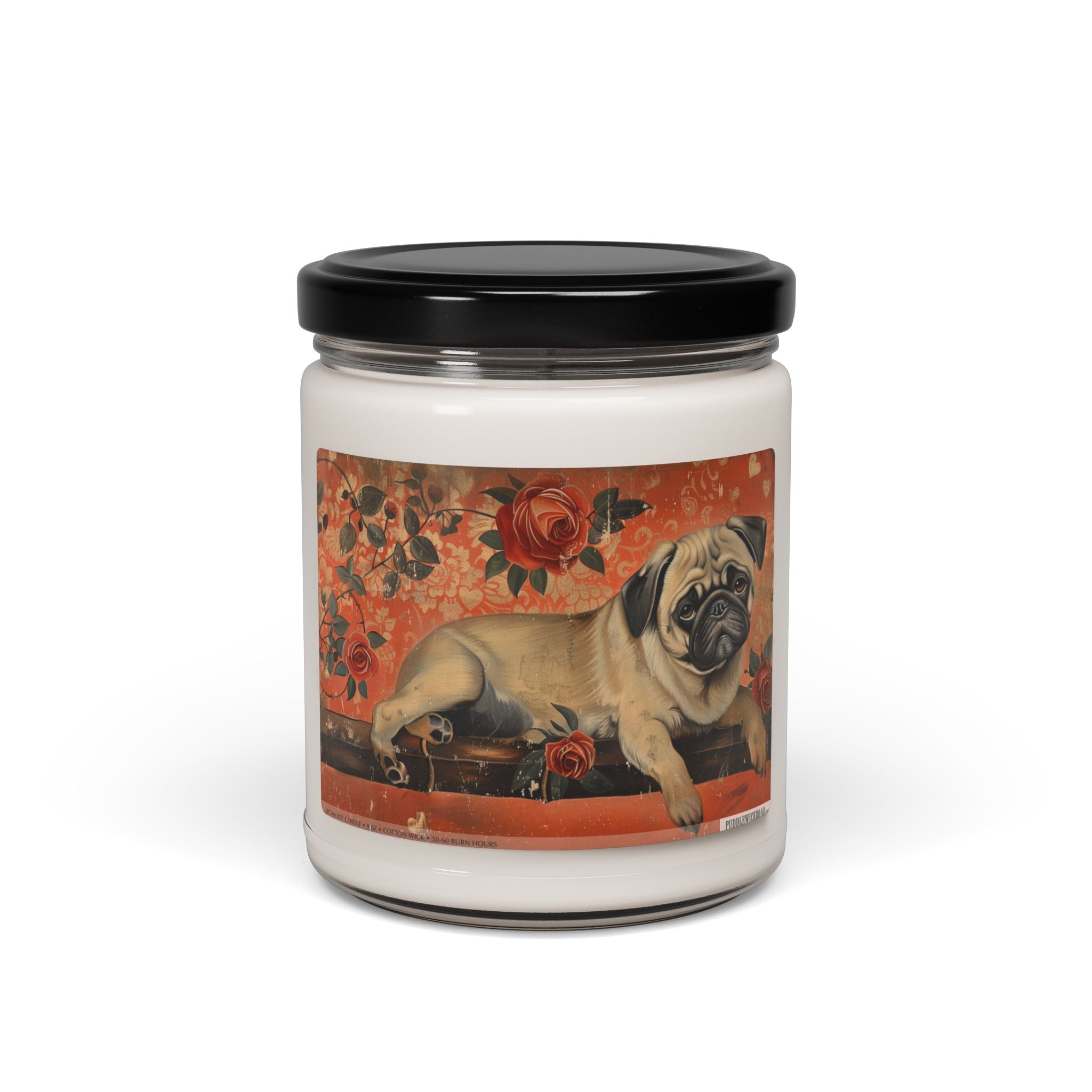 Pug Lover's Vintage Soy Candle - Dog Dad Gift with Rose Art - Darwin & Rose