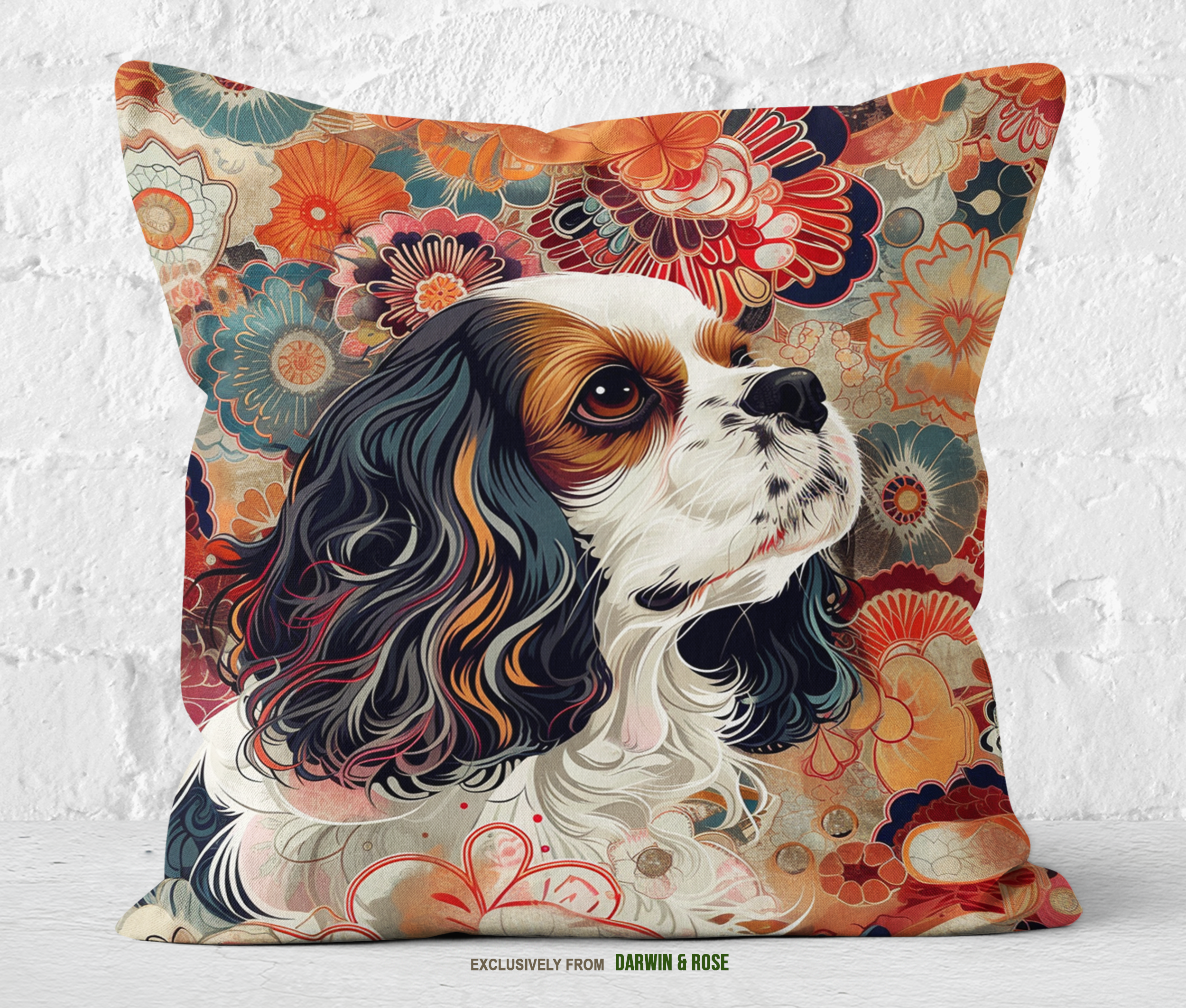 Cavalier King Charles Spaniel Floral Elegance Throw Pillow