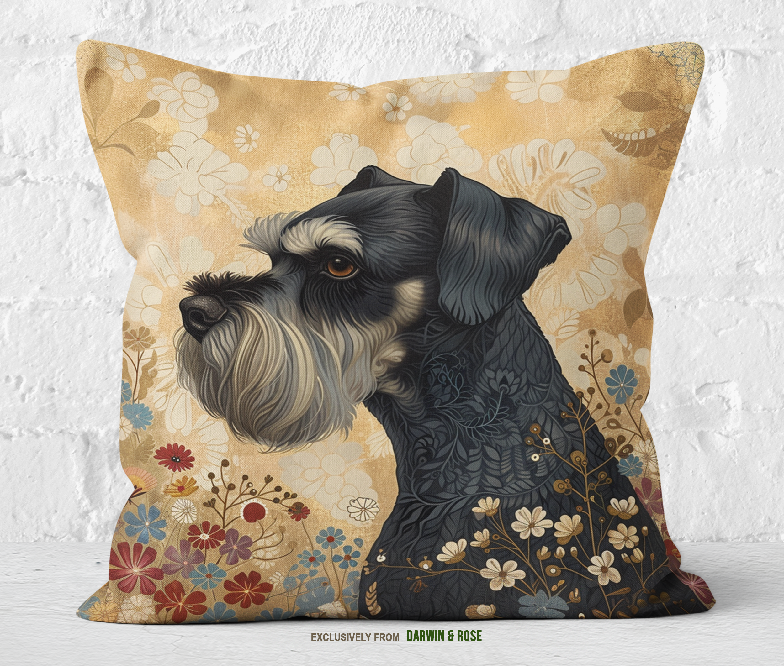 Vintage Floral Miniature Schnauzer Throw Pillow – Boho-Inspired Home Decor