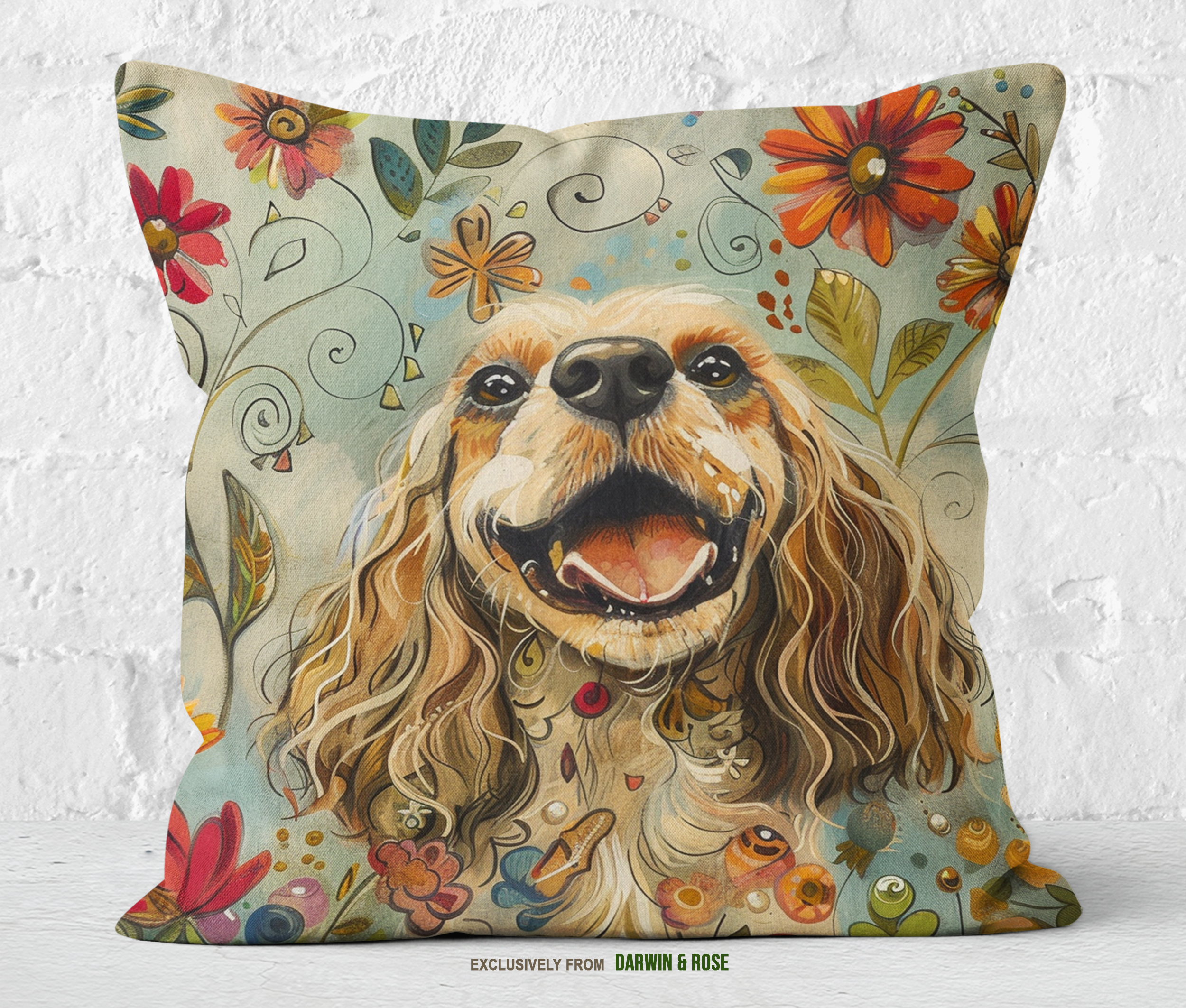 Cheerful Cocker Spaniel Floral Boho Throw Pillow