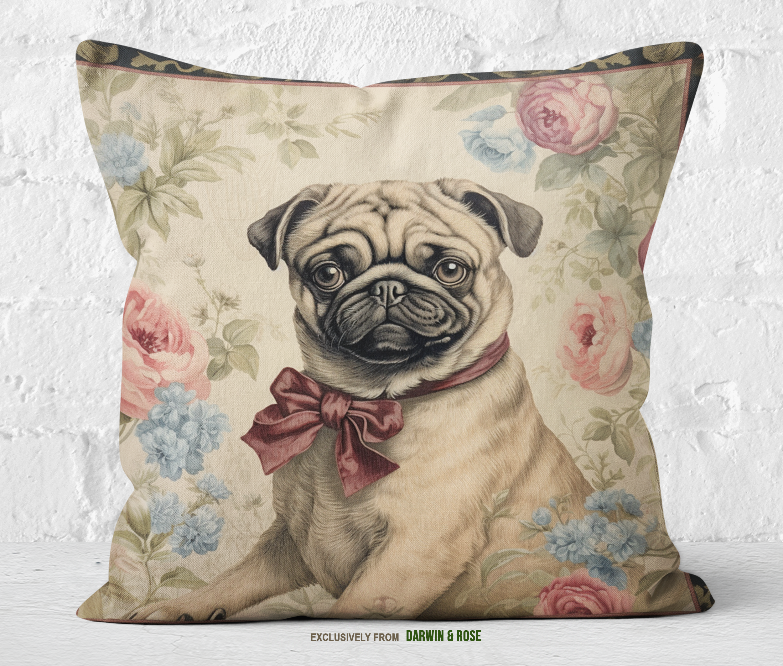 Vintage Pug Portrait Throw Pillow with Floral Elegance – Victorian Style Decor