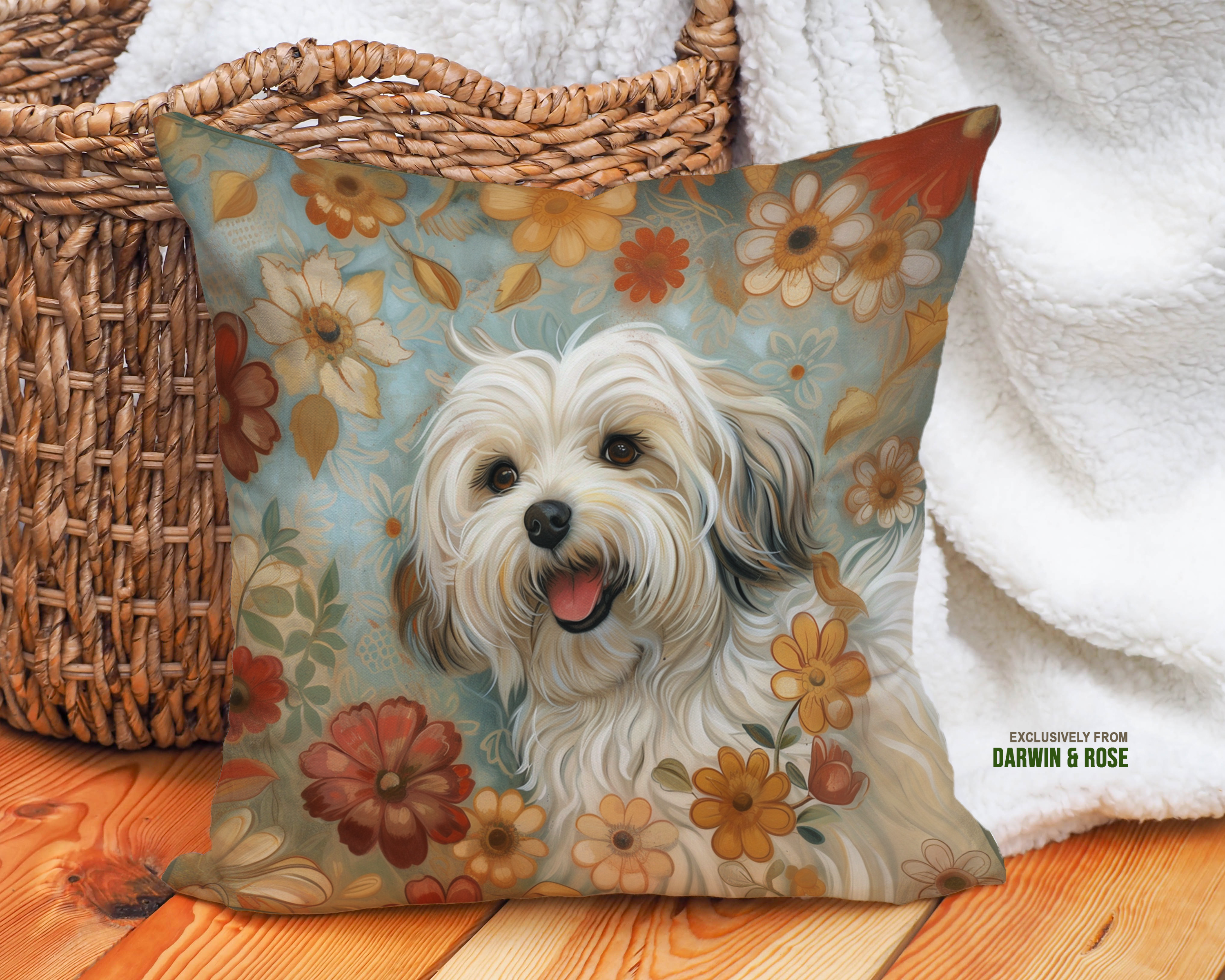 Havanese Floral Bliss Throw Pillow - Vintage Boho Style Decor