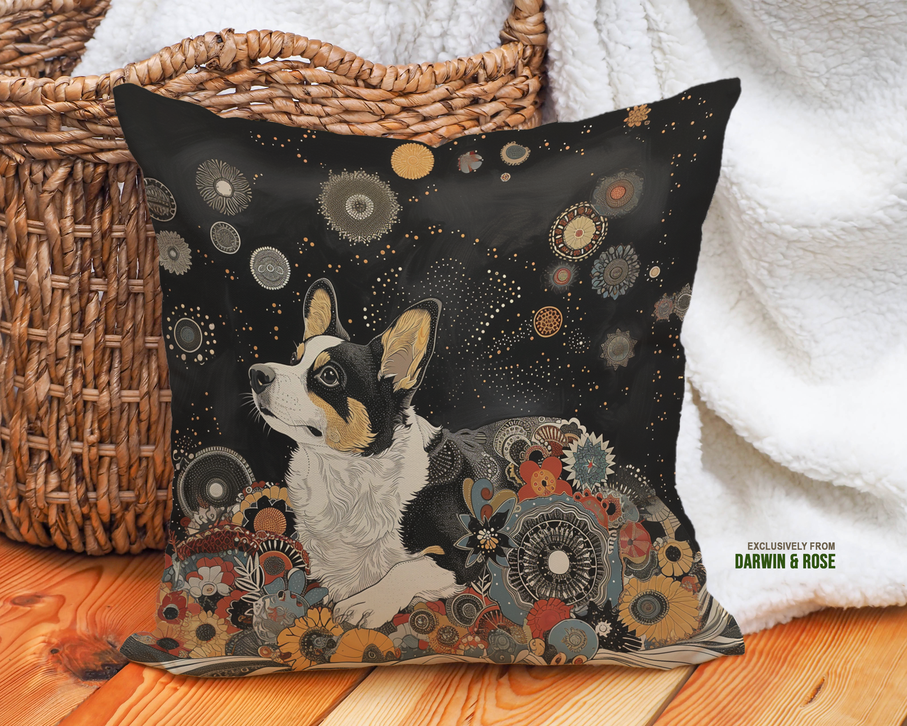 Cardigan Corgi Cosmic Floral Throw Pillow - Modern Boho Home Accent