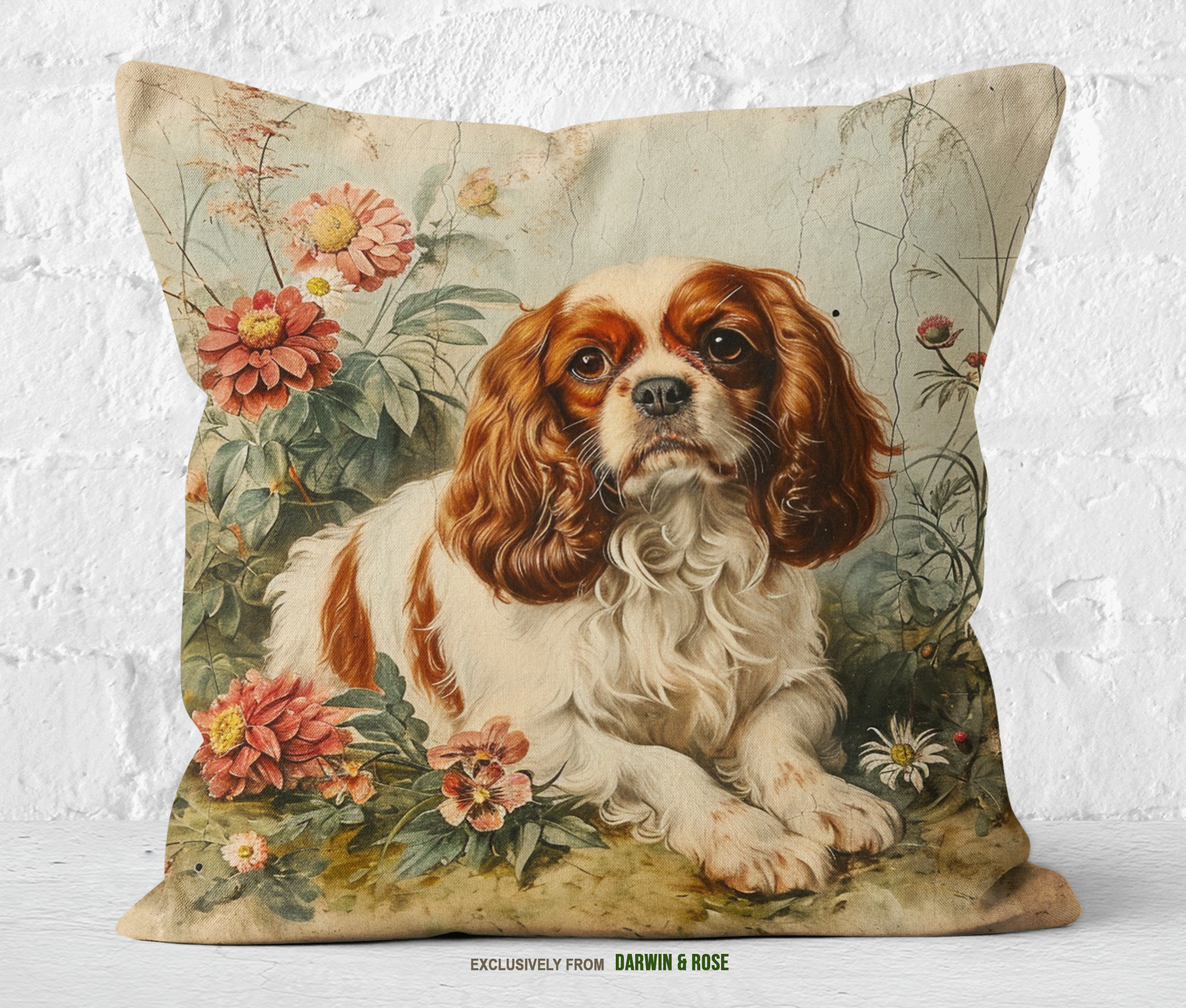 Cavalier King Charles Spaniel Vintage Floral Throw Pillow