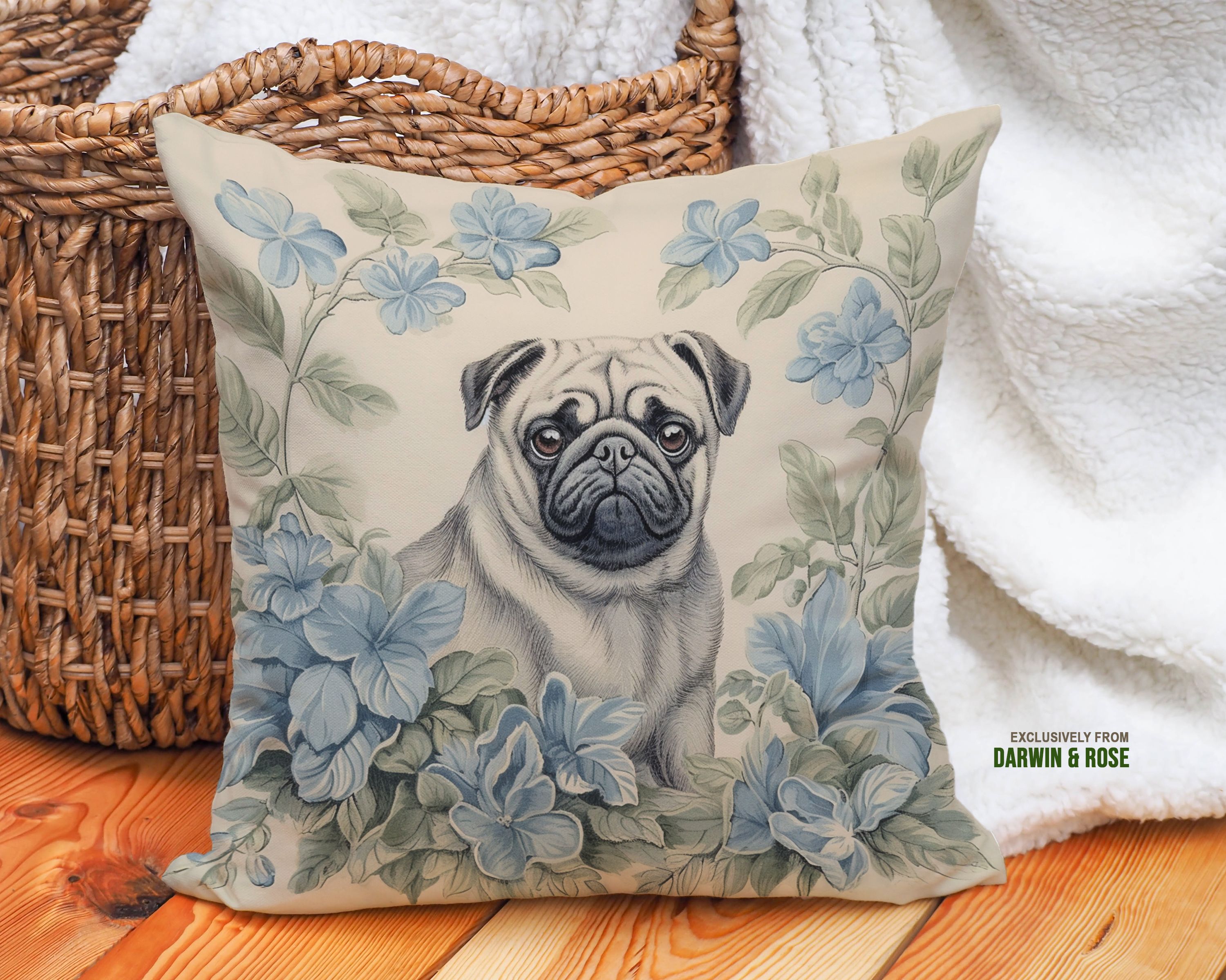 Blue Garden Pug Throw Pillow – Modern Floral Dog Décor for Living Rooms