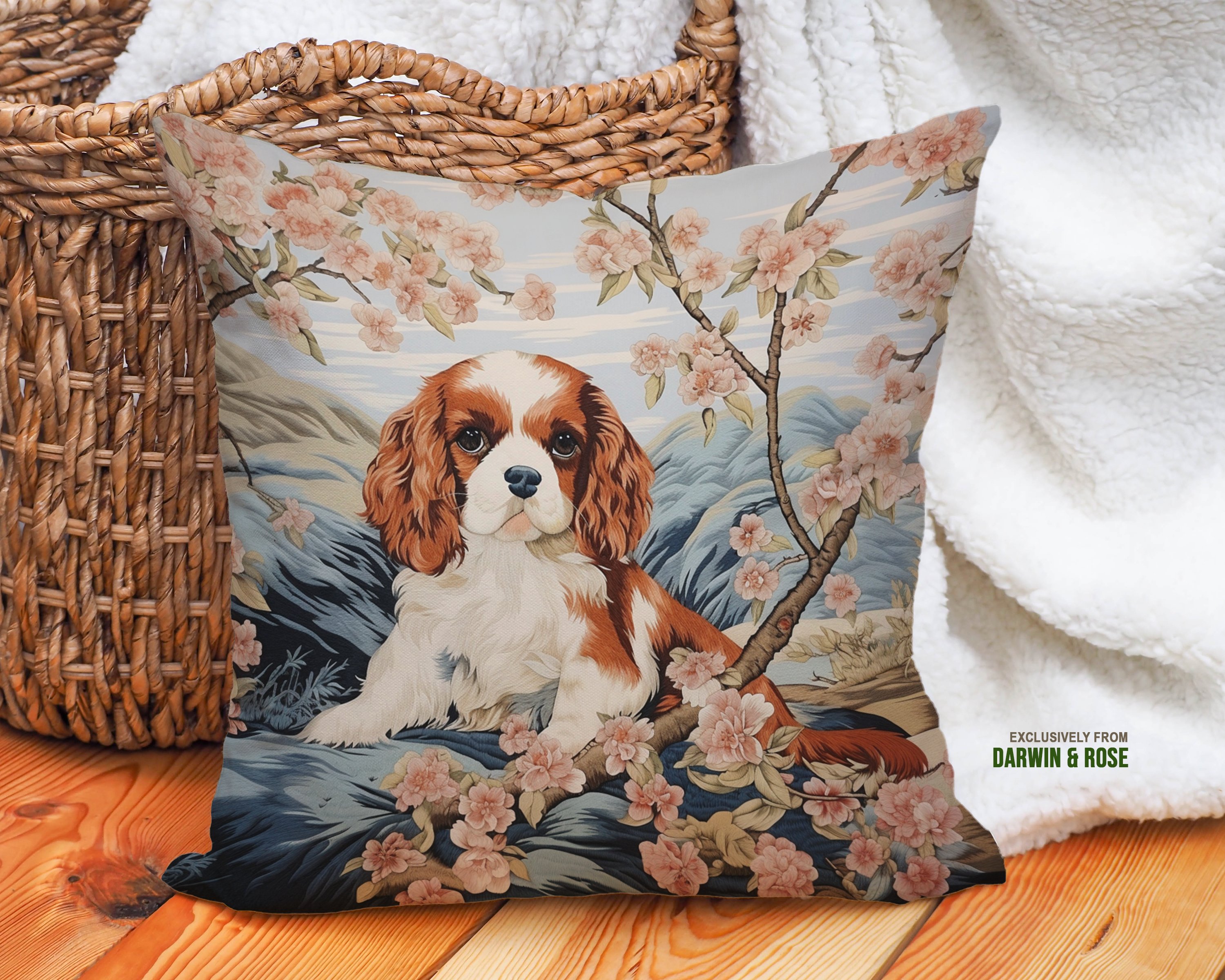 Cavalier King Charles Spaniel Blossom Throw Pillow – Modern Farmhouse Style