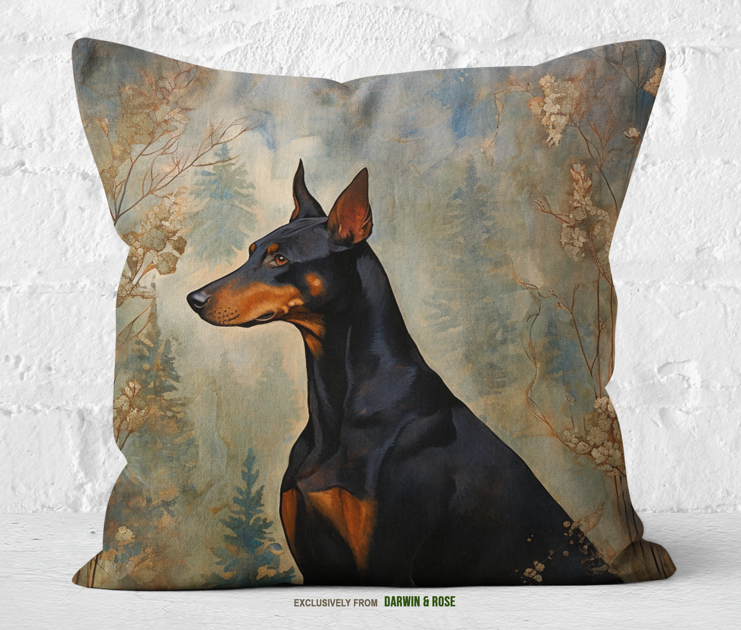 Regal Doberman Pinscher Throw Pillow – Rustic Woodland Decor Style