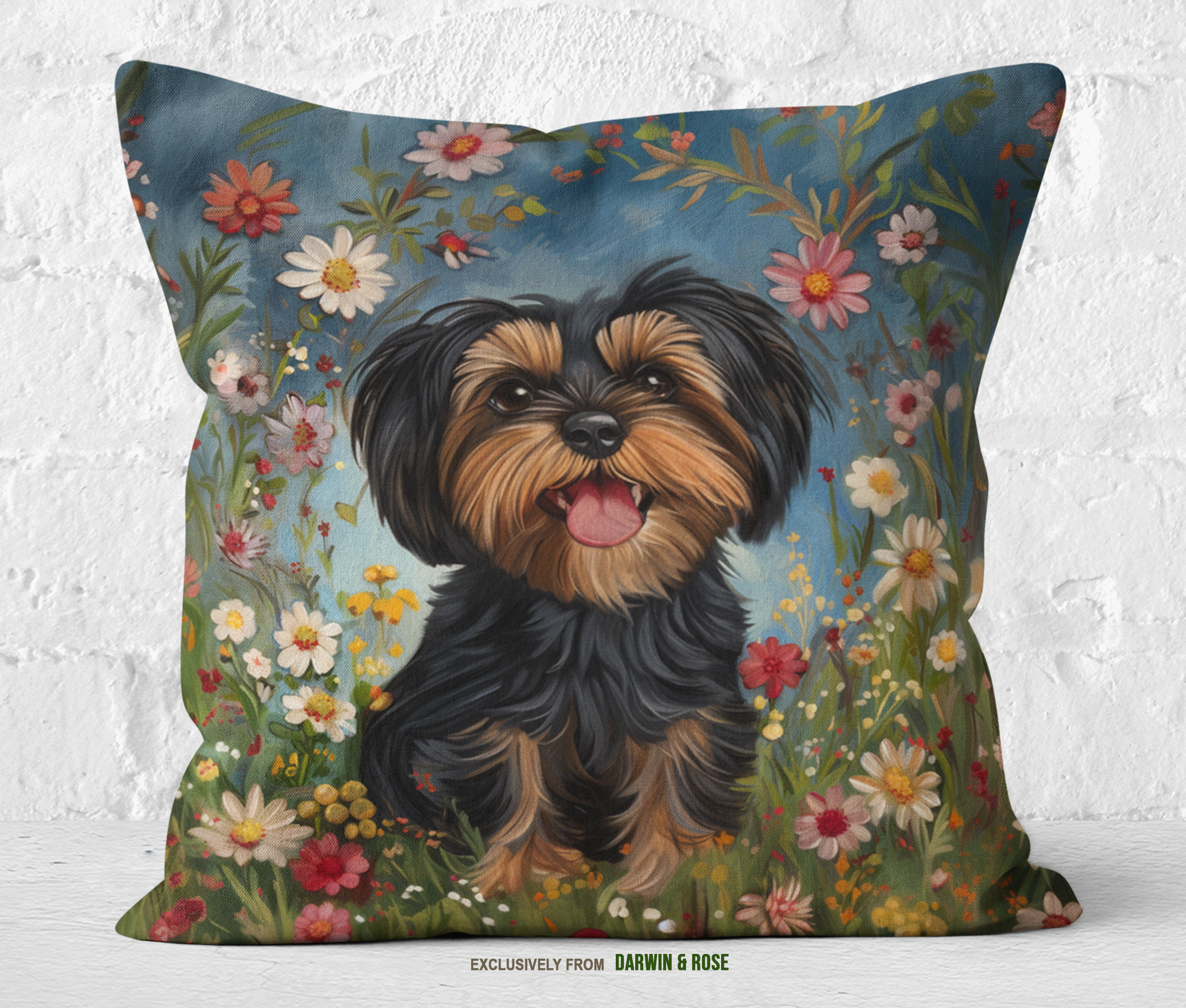 Yorkipoo Floral Meadow Throw Pillow - Modern Boho Dog Lover's Décor