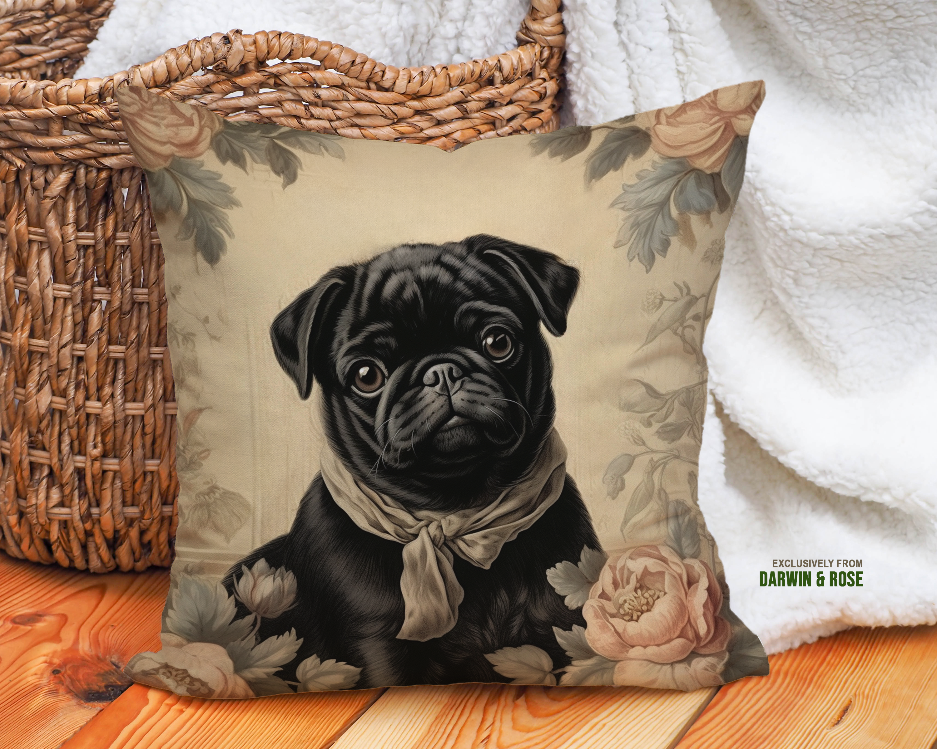 Vintage Charm Black Pug Throw Pillow – Floral Cottagecore Décor