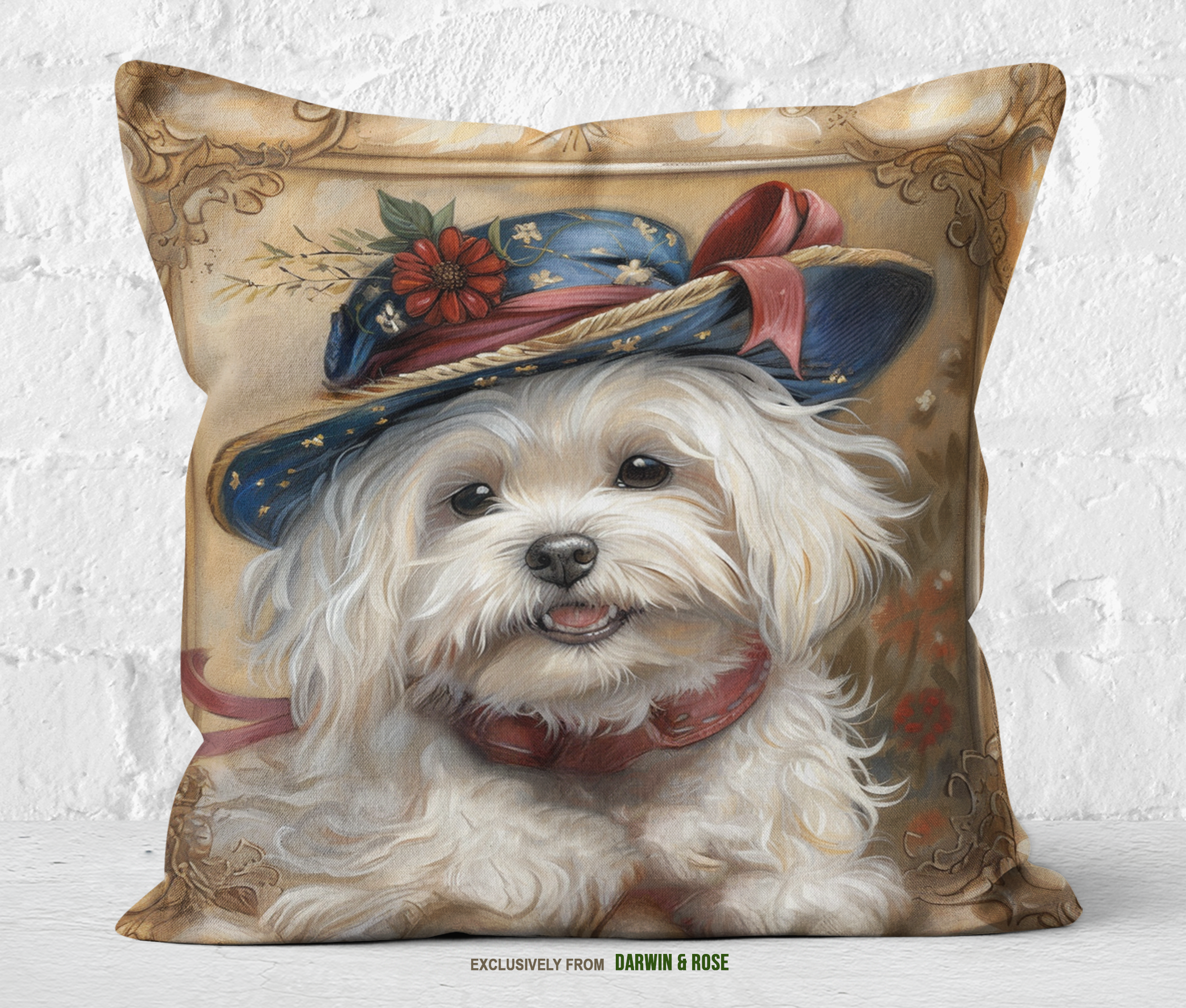Maltese Elegance Throw Pillow – Vintage Charm with a Festive Twist