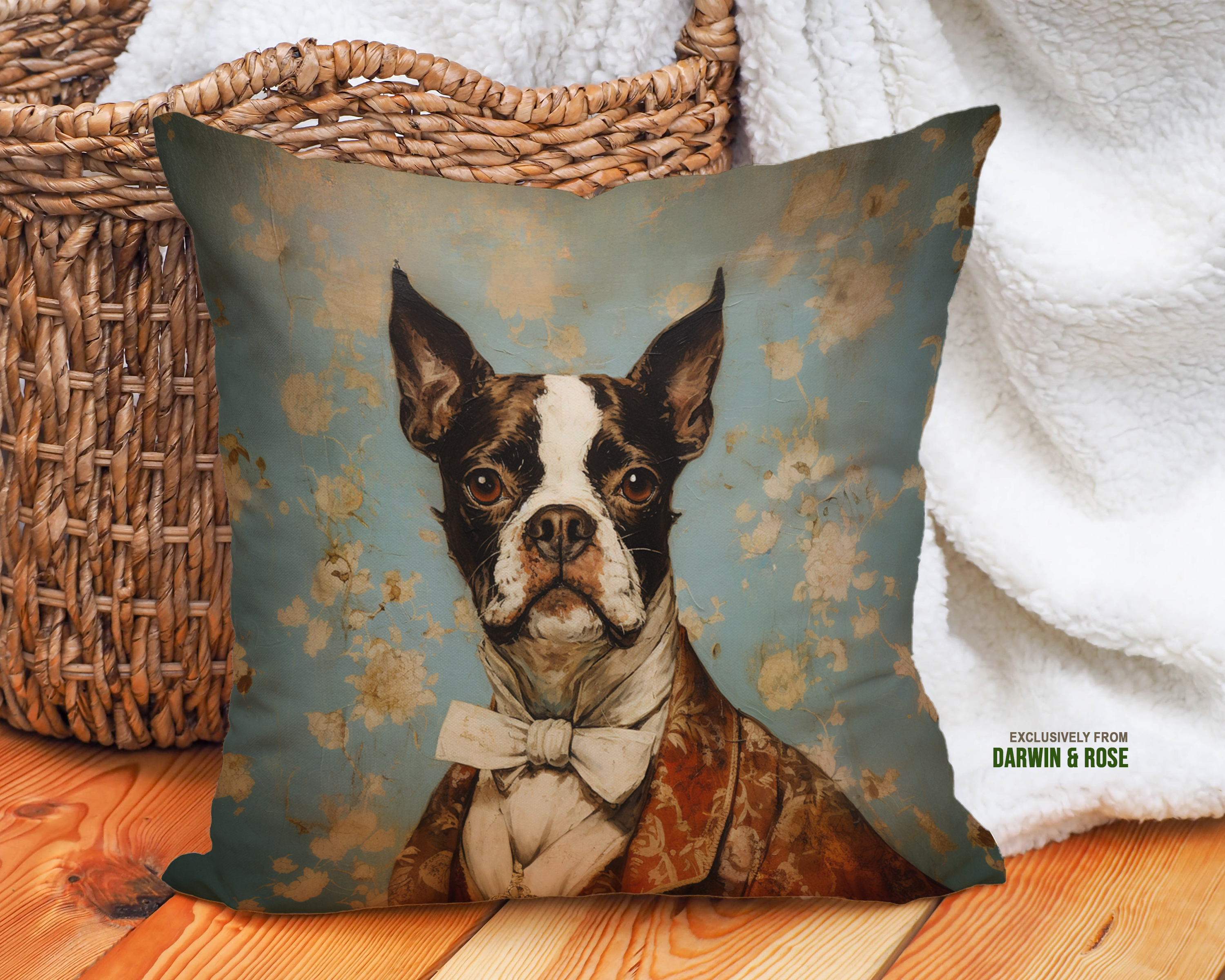 Regal Boston Terrier Throw Pillow - Vintage Floral Charm for Modern Farmhouse Decor