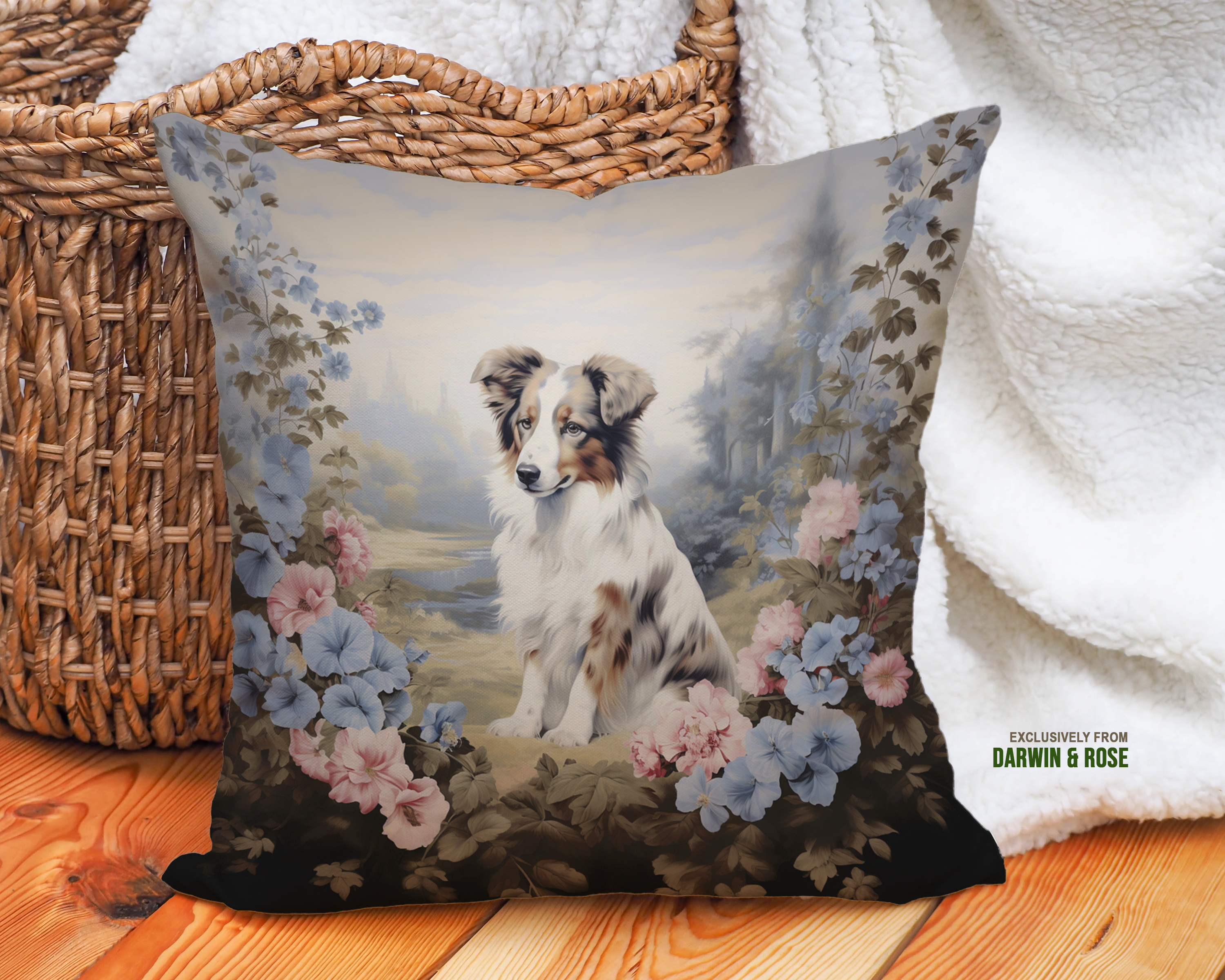 Australian Shepherd Floral Elegance Throw Pillow - Cottagecore Style