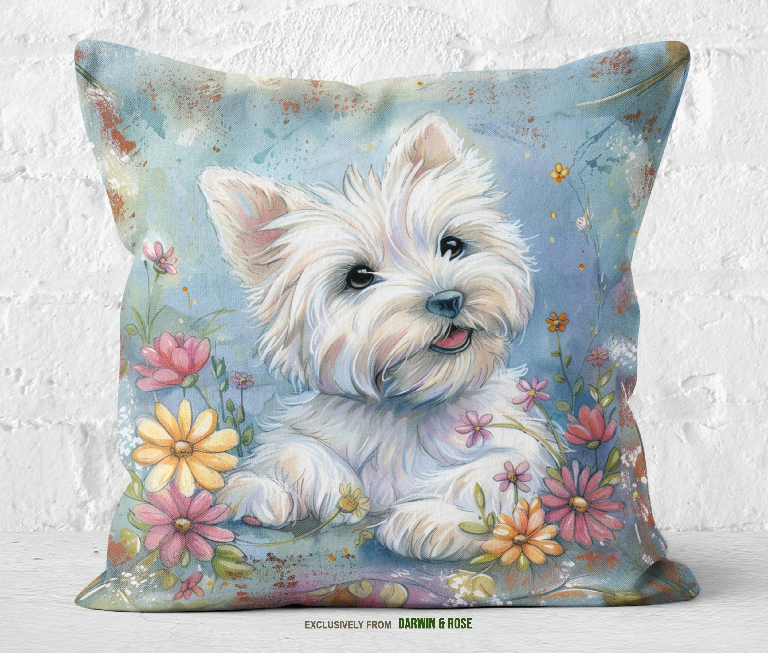 West Highland White Terrier Floral Boho Throw Pillow