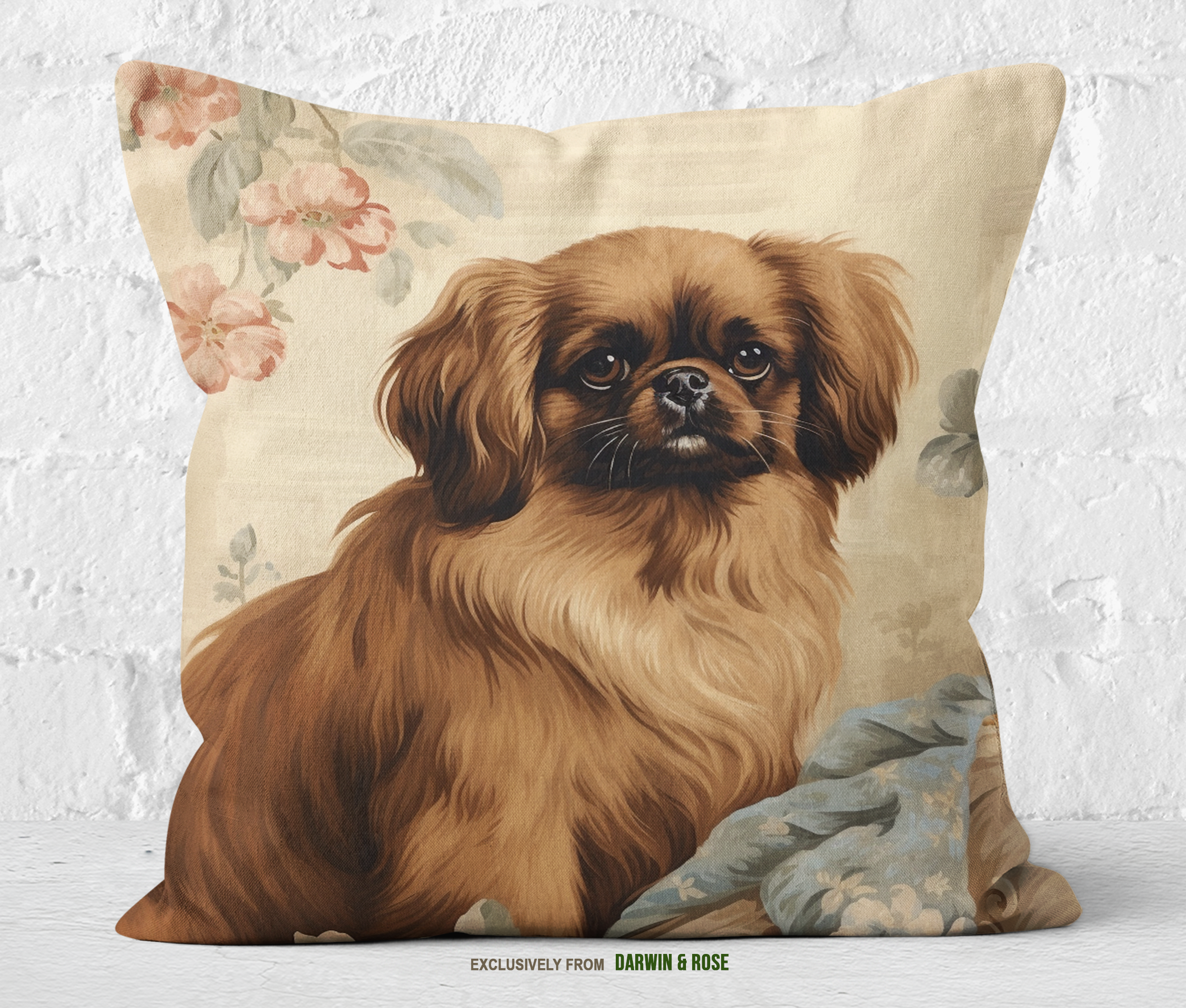 Pekingese Charm Vintage Throw Pillow – Elegant Floral Design for Dog Lovers