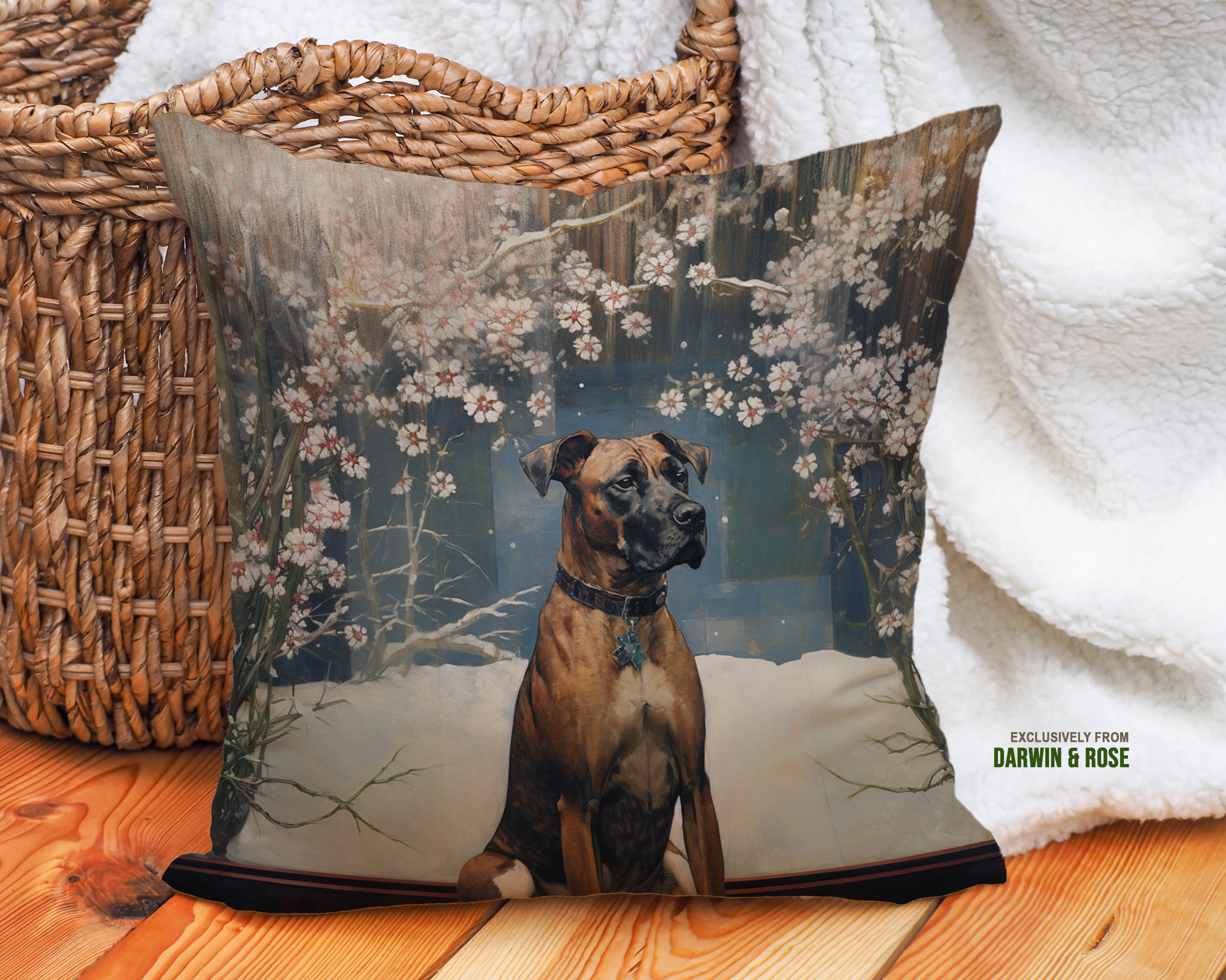 Boxer Dog Winter Floral Throw Pillow - Modern Style Home Décor