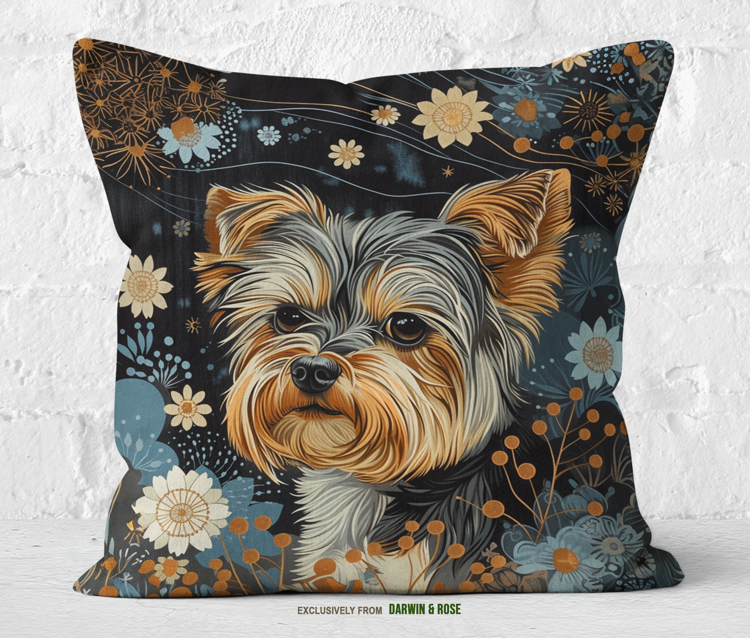 Yorkshire Terrier Boho Floral Throw Pillow – Modern Dog Lover Decor