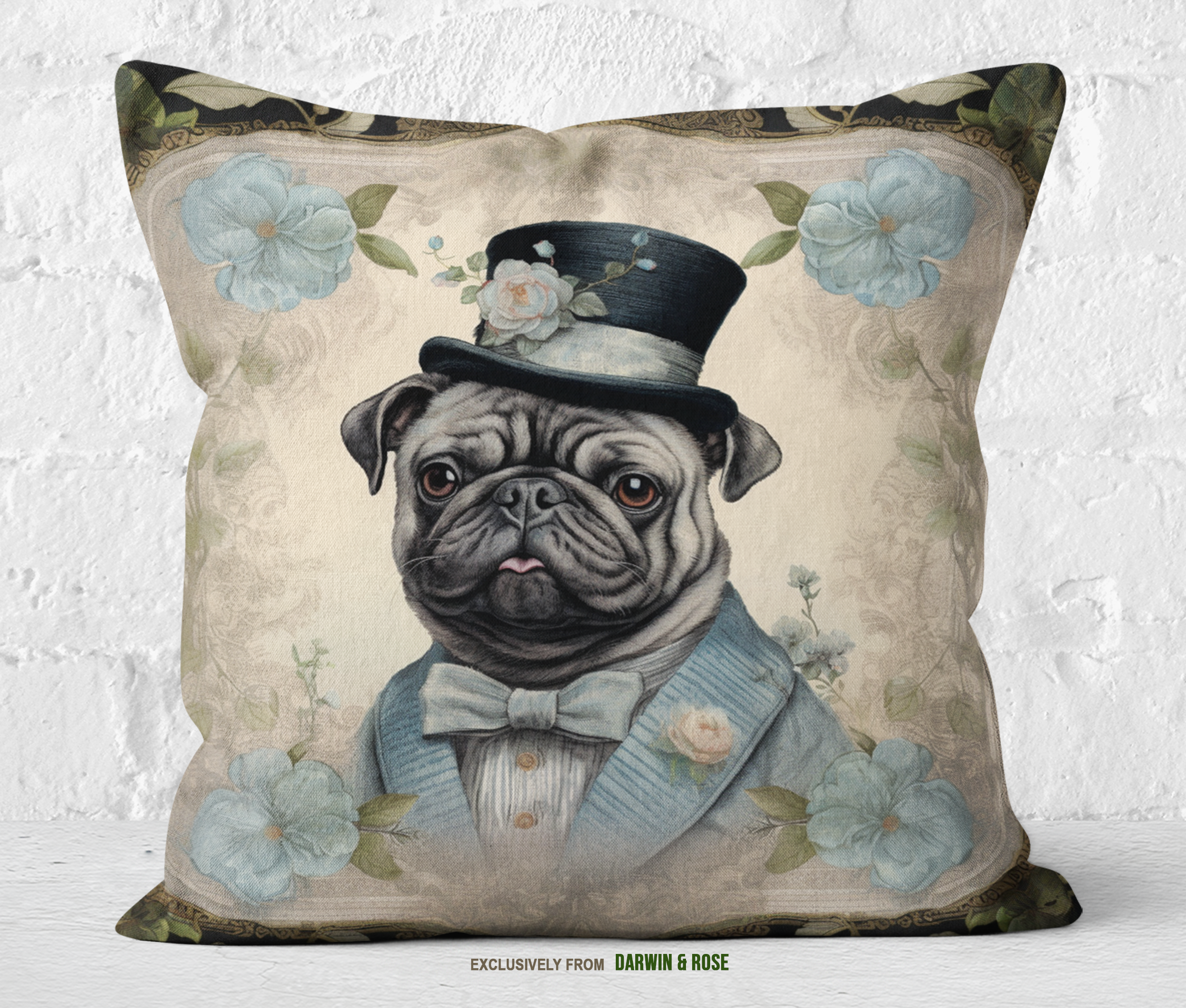 Pug Elegance Throw Pillow – Vintage Floral Victorian Style