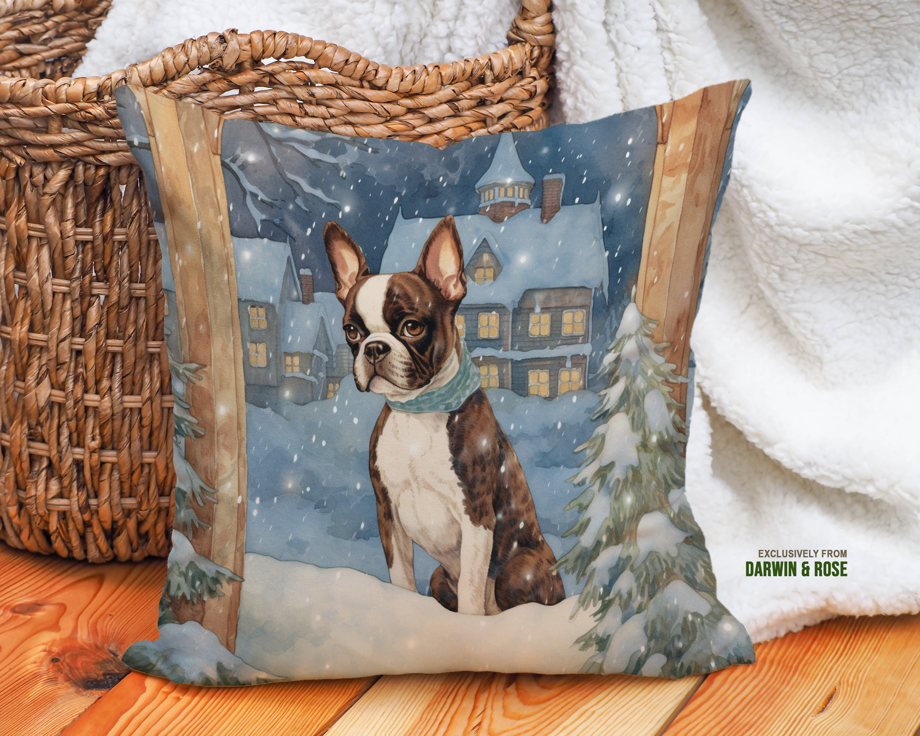 Boston Terrier Winter Wonderland Throw Pillow