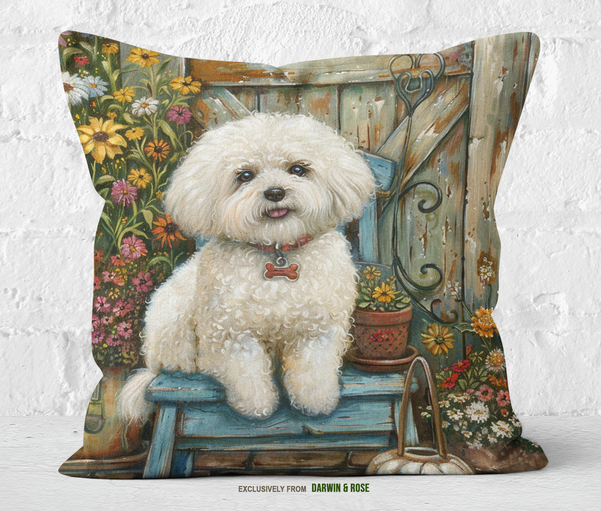 Bichon Frise Cottage Garden Throw Pillow – Rustic Farmhouse Charm