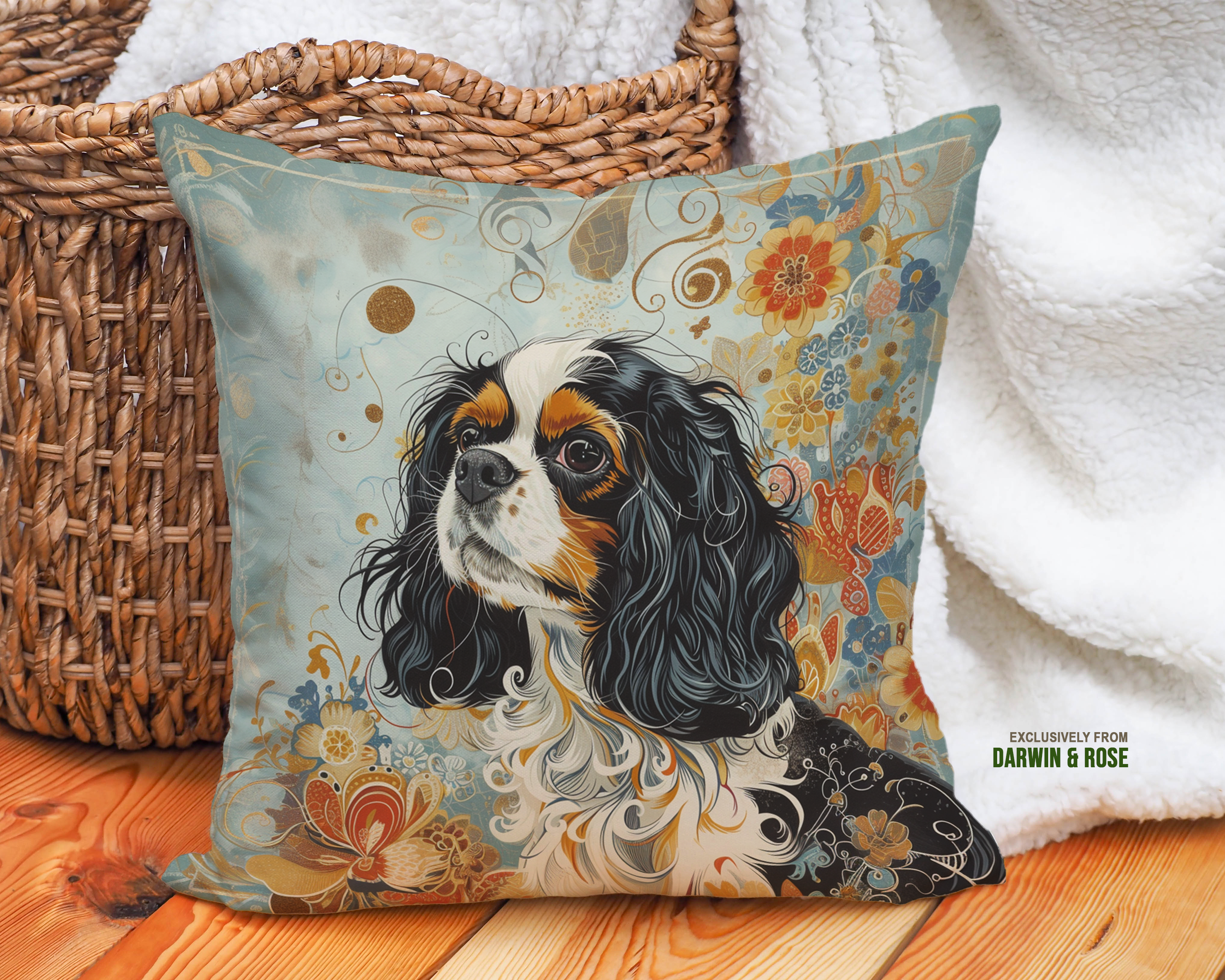 Cavalier King Charles Spaniel Boho Floral Throw Pillow