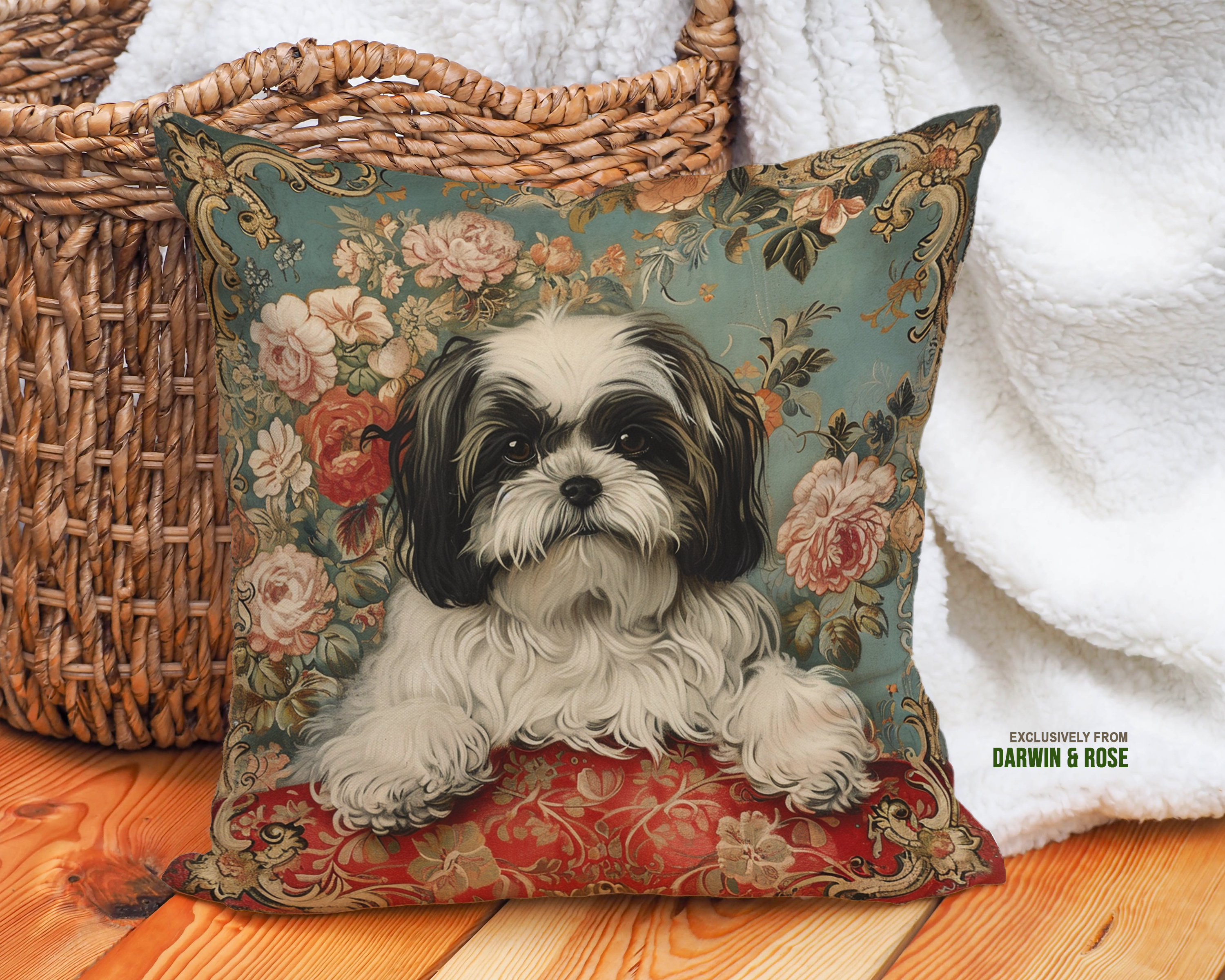 Shih Tzu Elegance Throw Pillow – Vintage Floral Style
